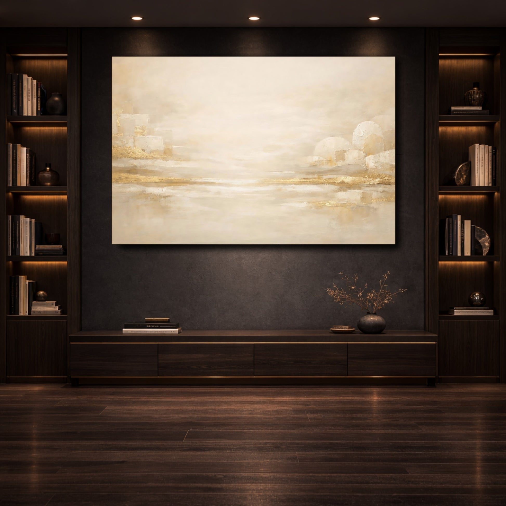 Mockup 3. Abstract Abstract Landscape Gold And Cream shown as stretched canvas wall art