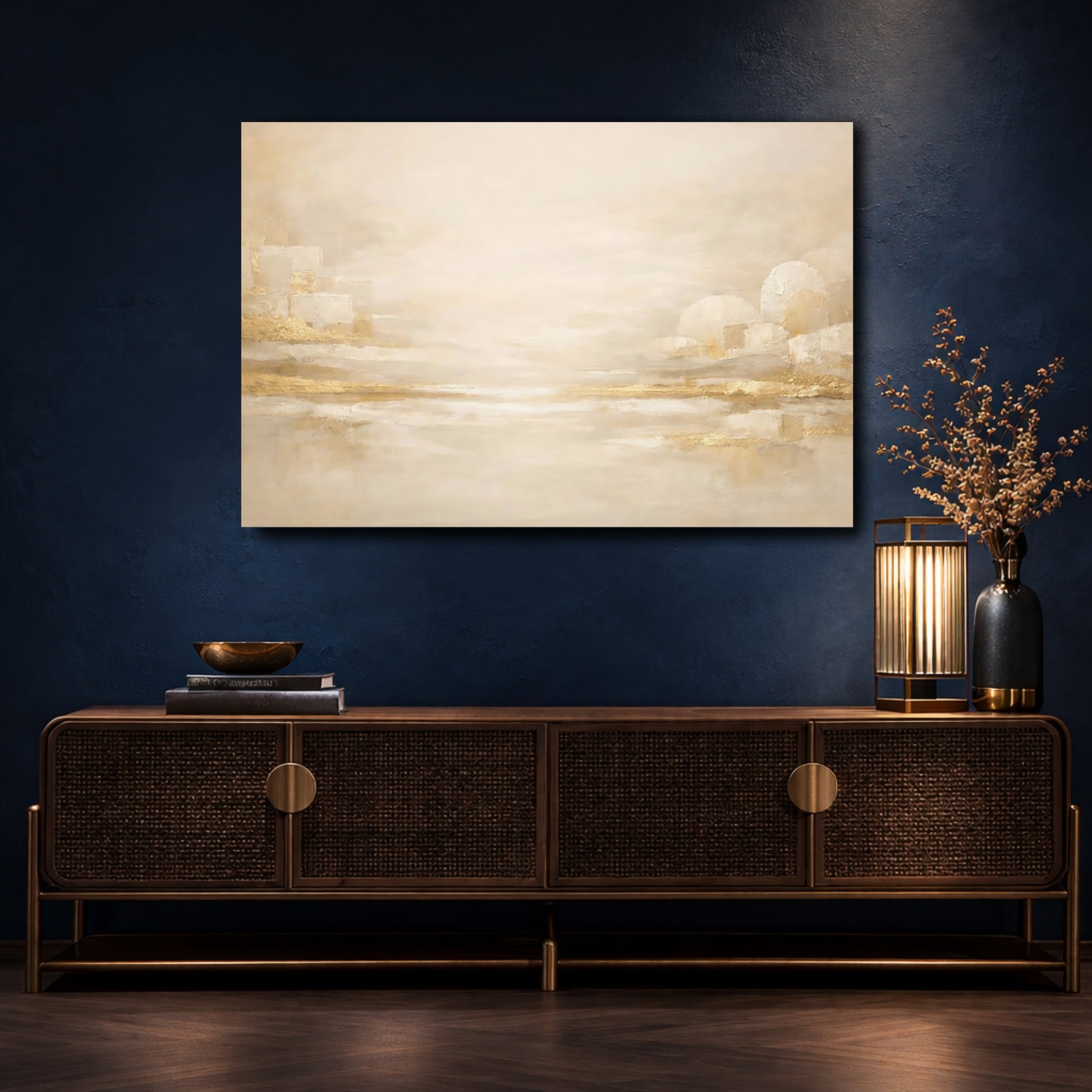 Mockup 4. Abstract Abstract Landscape Gold And Cream shown as stretched canvas wall art