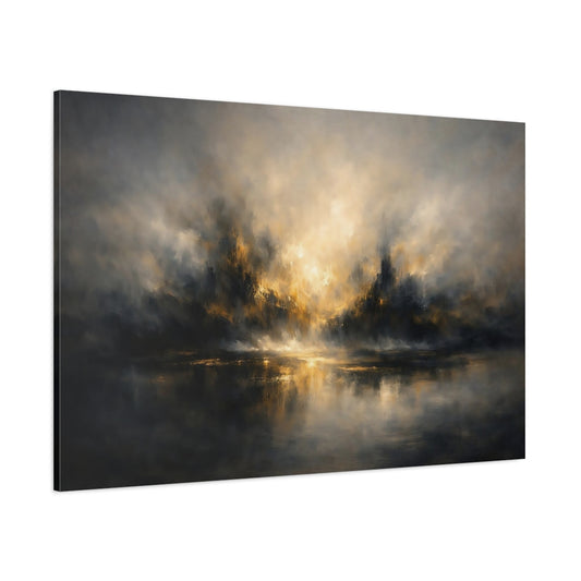 Main Mockup. Abstract Abstract Landscape Gold And Grey Abstract shown as stretched canvas wall art