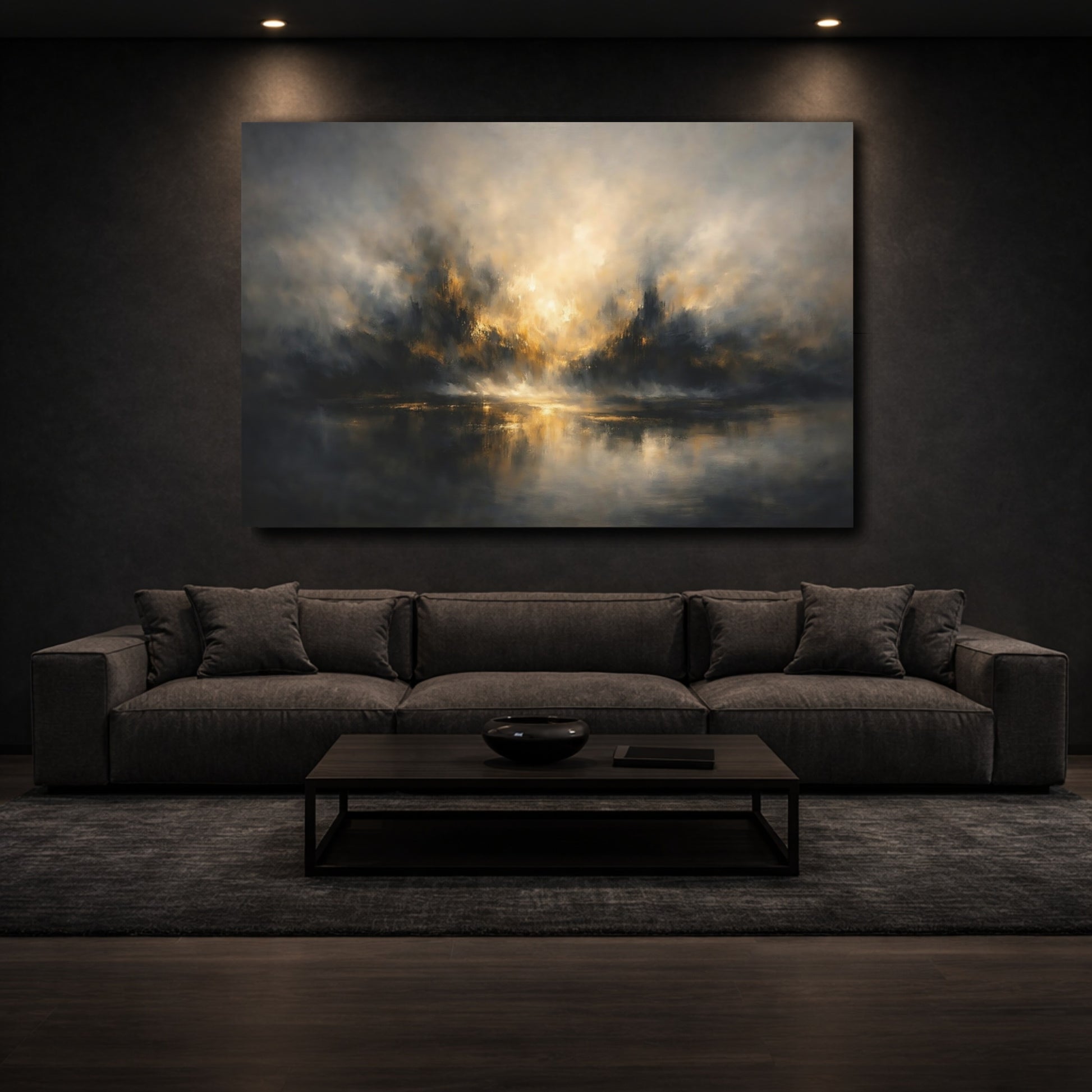 Mockup 2. Abstract Abstract Landscape Gold And Grey Abstract shown as stretched canvas wall art