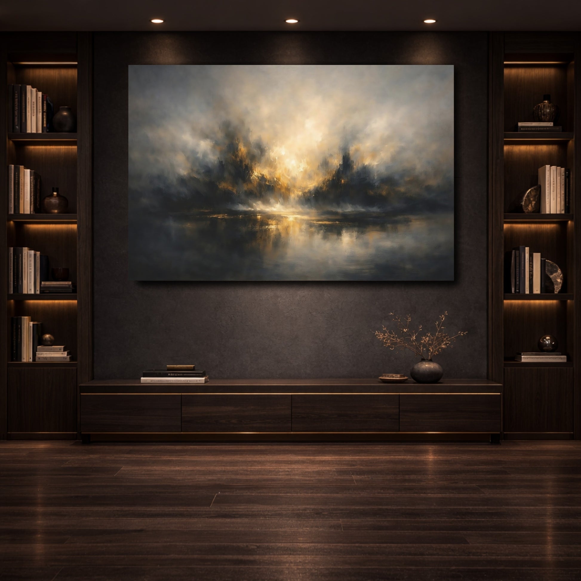 Mockup 3. Abstract Abstract Landscape Gold And Grey Abstract shown as stretched canvas wall art