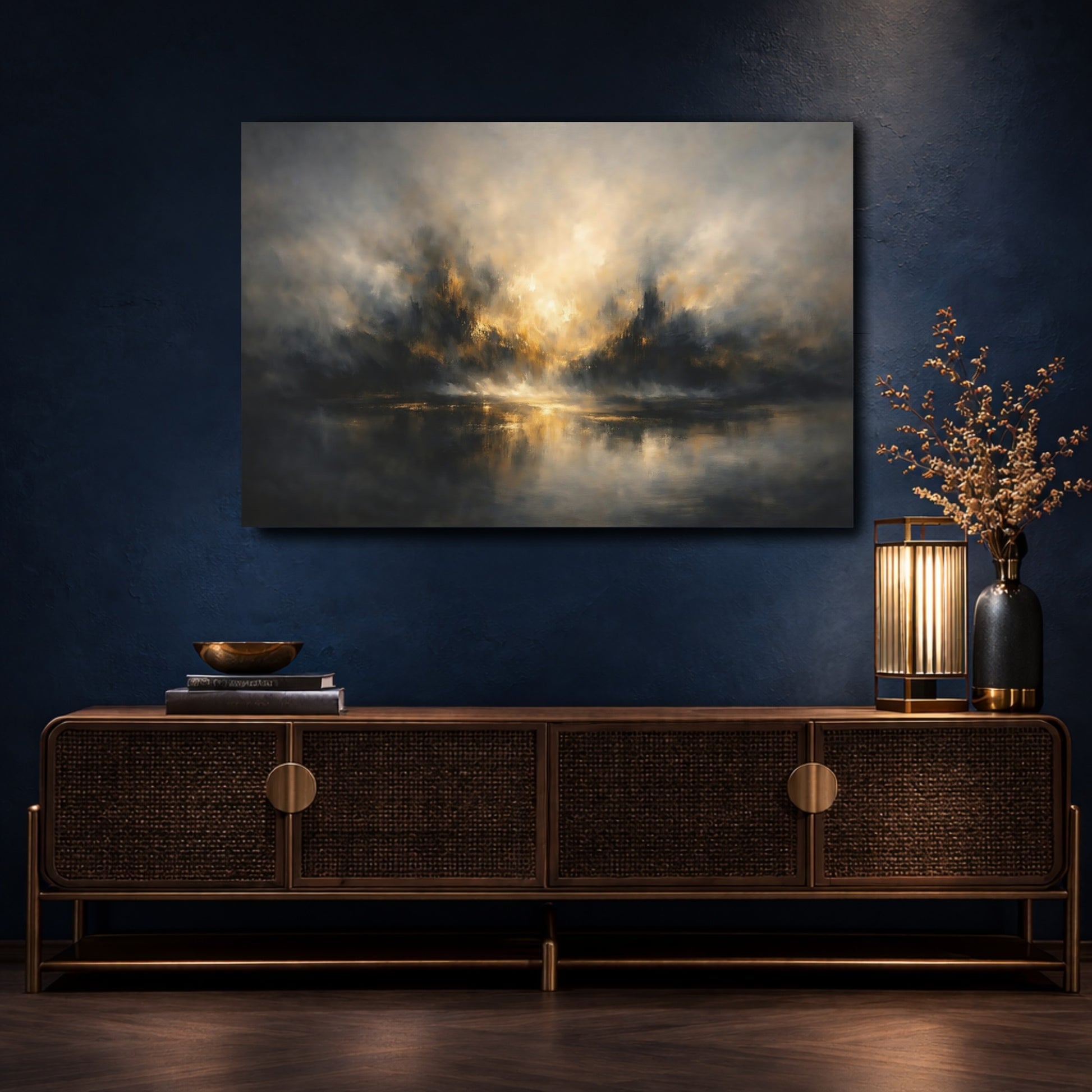 Mockup 4. Abstract Abstract Landscape Gold And Grey Abstract shown as stretched canvas wall art