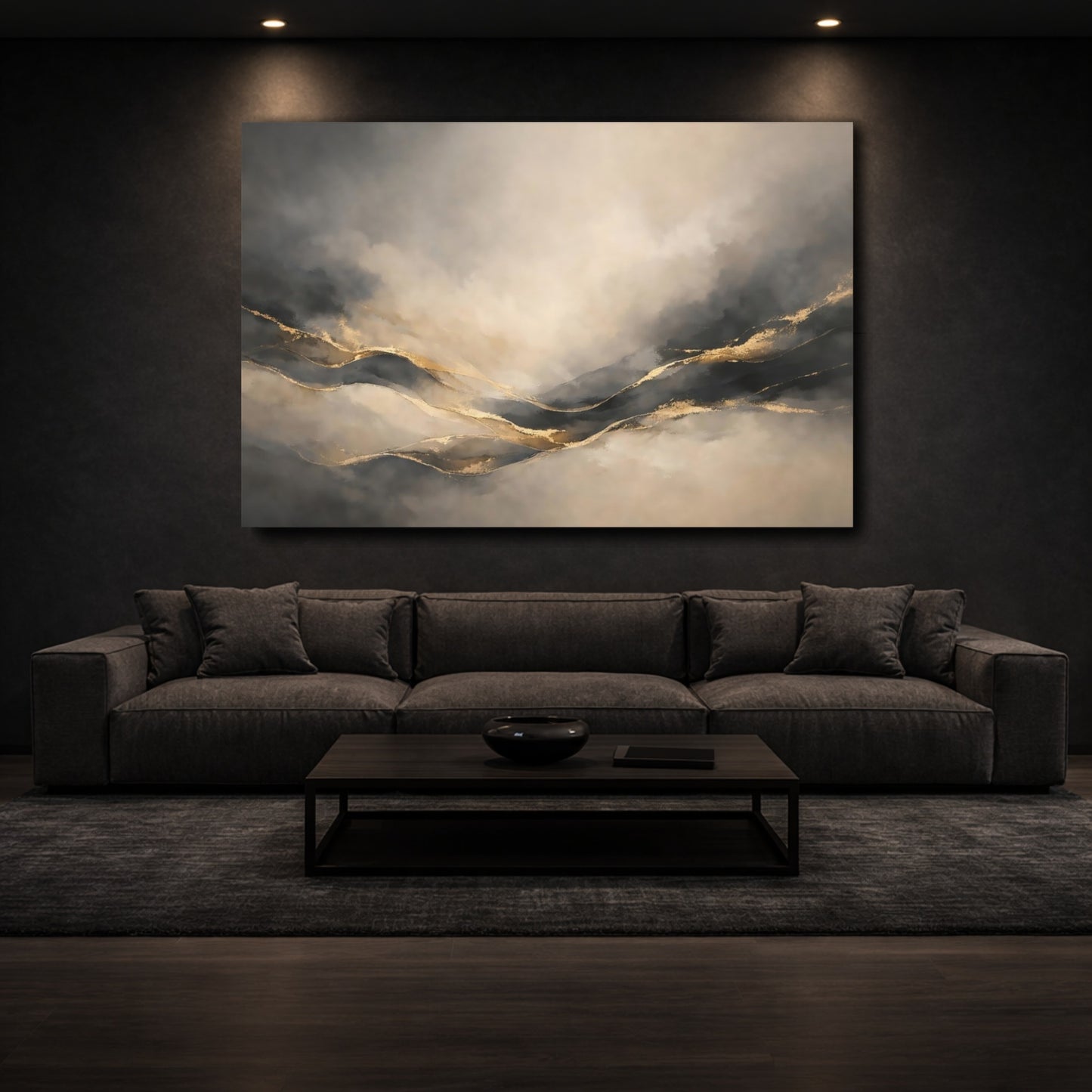 Mockup 2. Abstract Abstract Landscape Gray Gold Abstract shown as stretched canvas wall art
