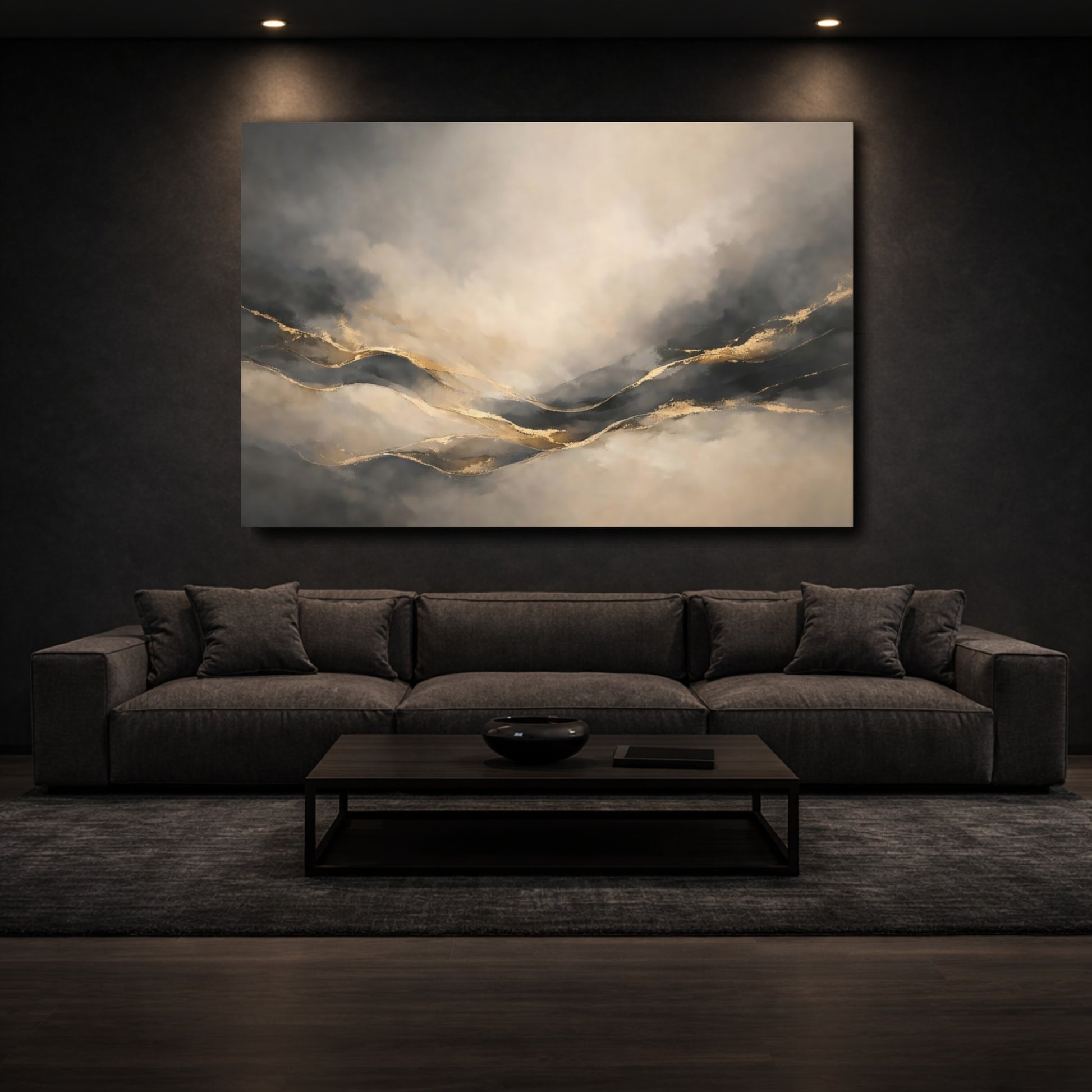 Mockup 2. Abstract Abstract Landscape Gray Gold Abstract shown as stretched canvas wall art