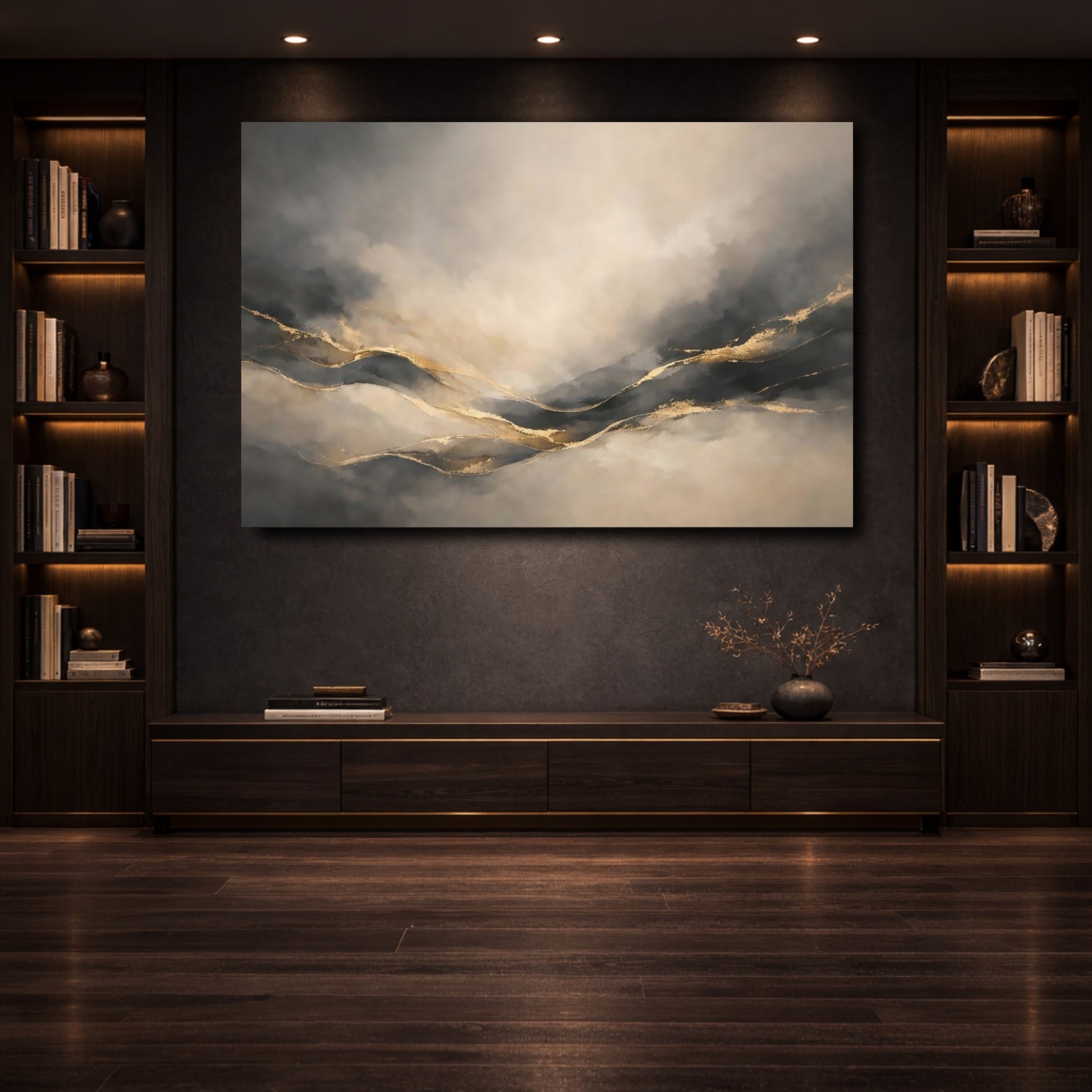 Mockup 3. Abstract Abstract Landscape Gray Gold Abstract shown as stretched canvas wall art