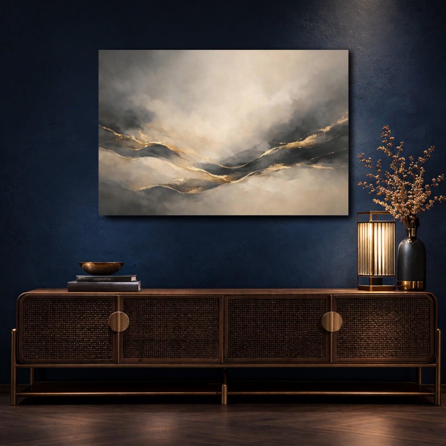 Mockup 4. Abstract Abstract Landscape Gray Gold Abstract shown as stretched canvas wall art