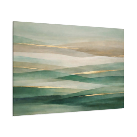 Main Mockup. Abstract Abstract Landscape Green Gold Abstract shown as stretched canvas wall art