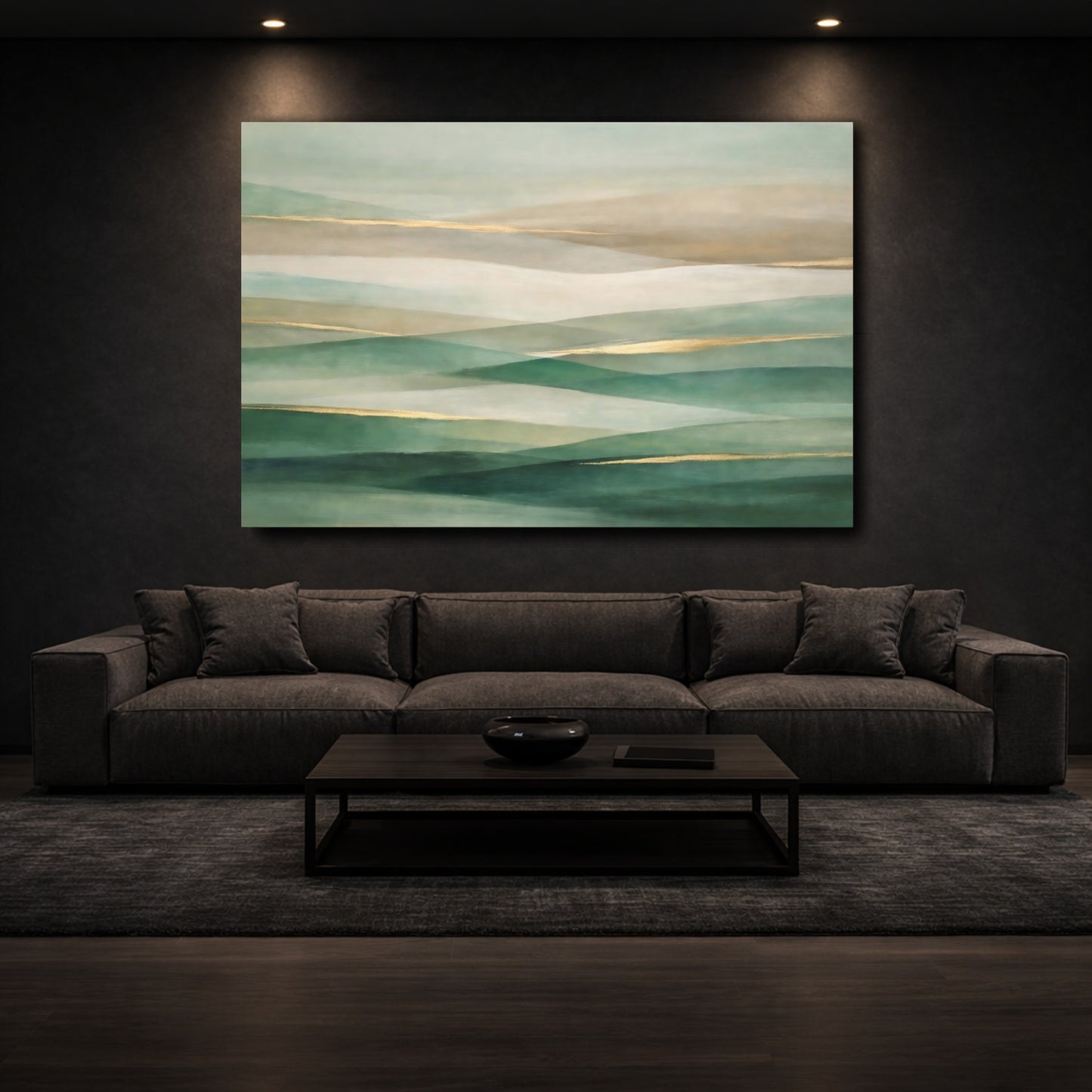 Mockup 2. Abstract Abstract Landscape Green Gold Abstract shown as stretched canvas wall art