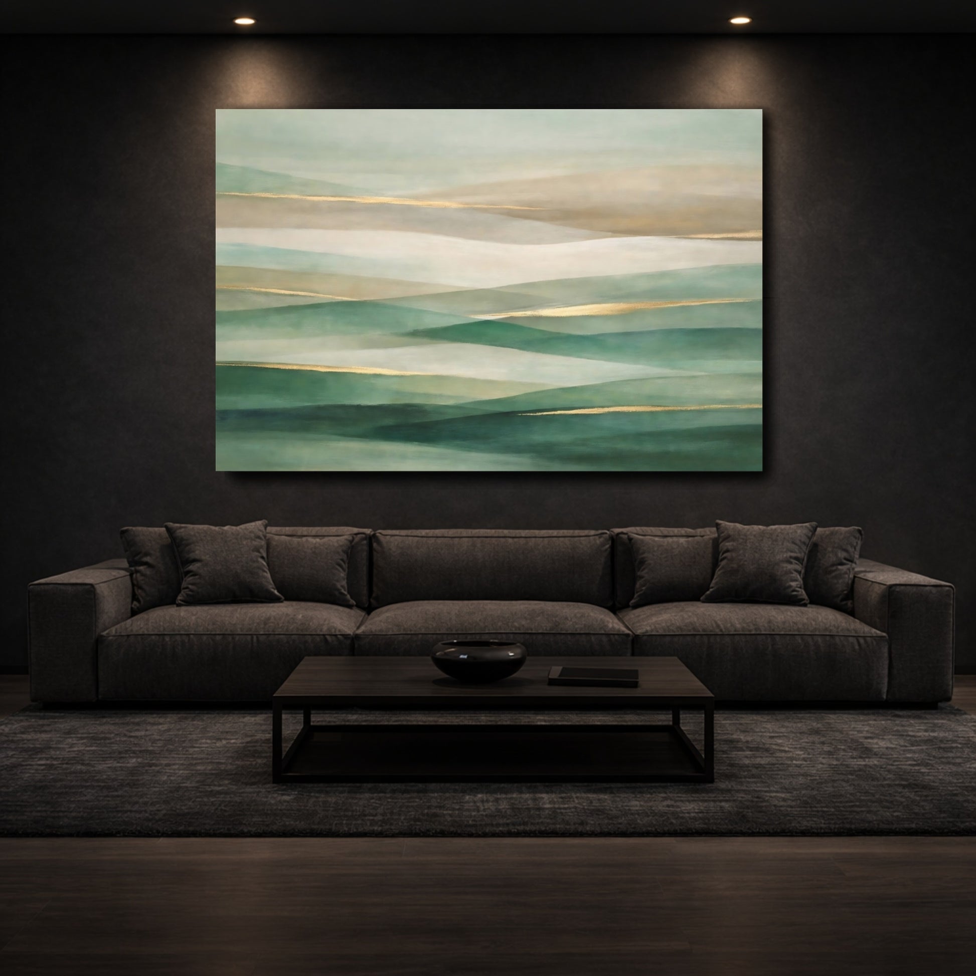 Mockup 2. Abstract Abstract Landscape Green Gold Abstract shown as stretched canvas wall art
