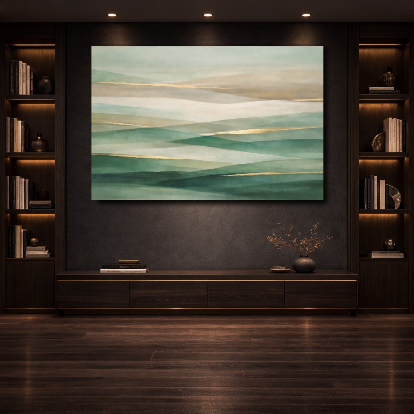 Mockup 3. Abstract Abstract Landscape Green Gold Abstract shown as stretched canvas wall art