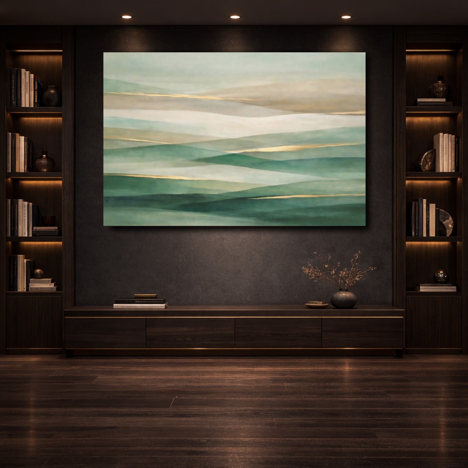 Mockup 3. Abstract Abstract Landscape Green Gold Abstract shown as stretched canvas wall art