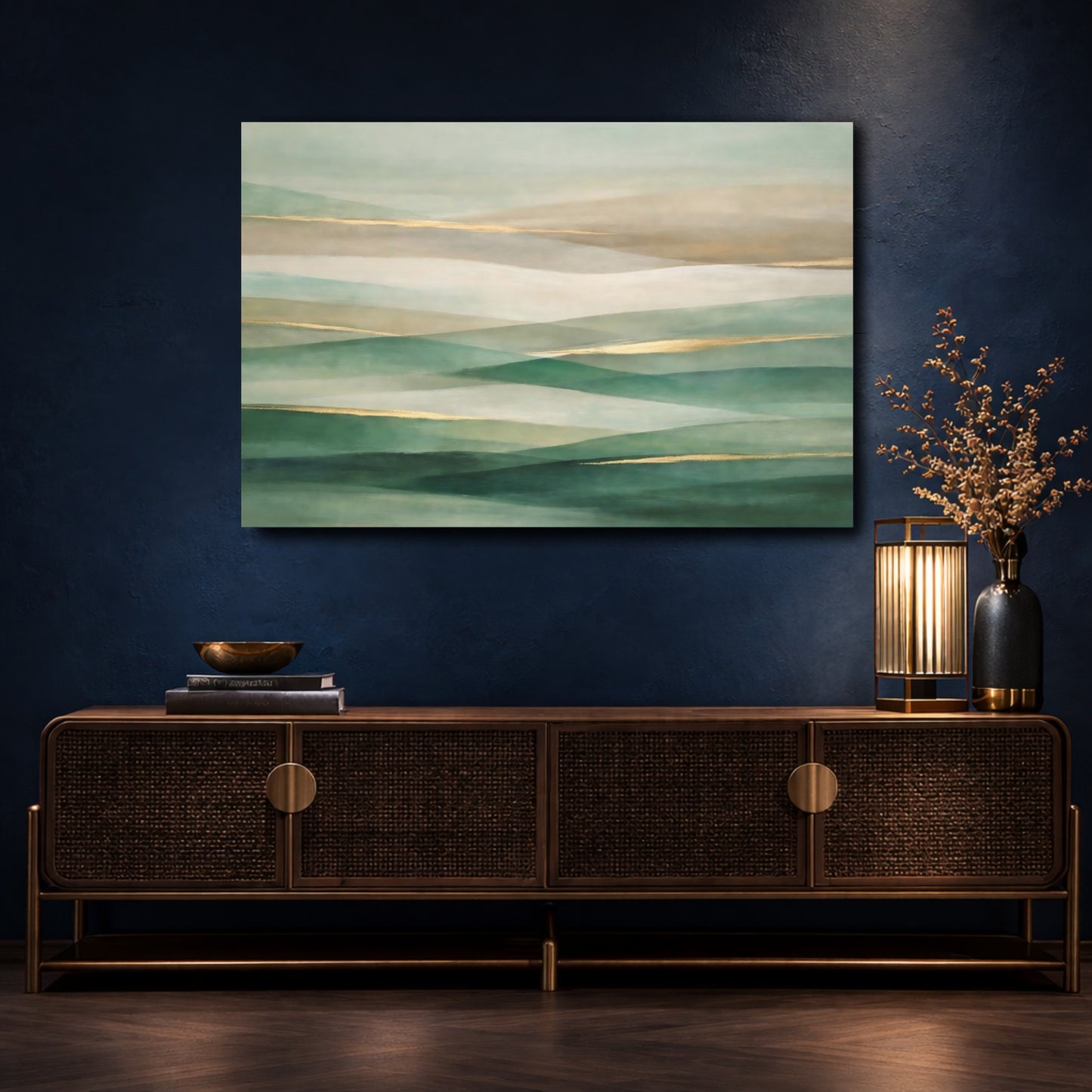 Mockup 4. Abstract Abstract Landscape Green Gold Abstract shown as stretched canvas wall art