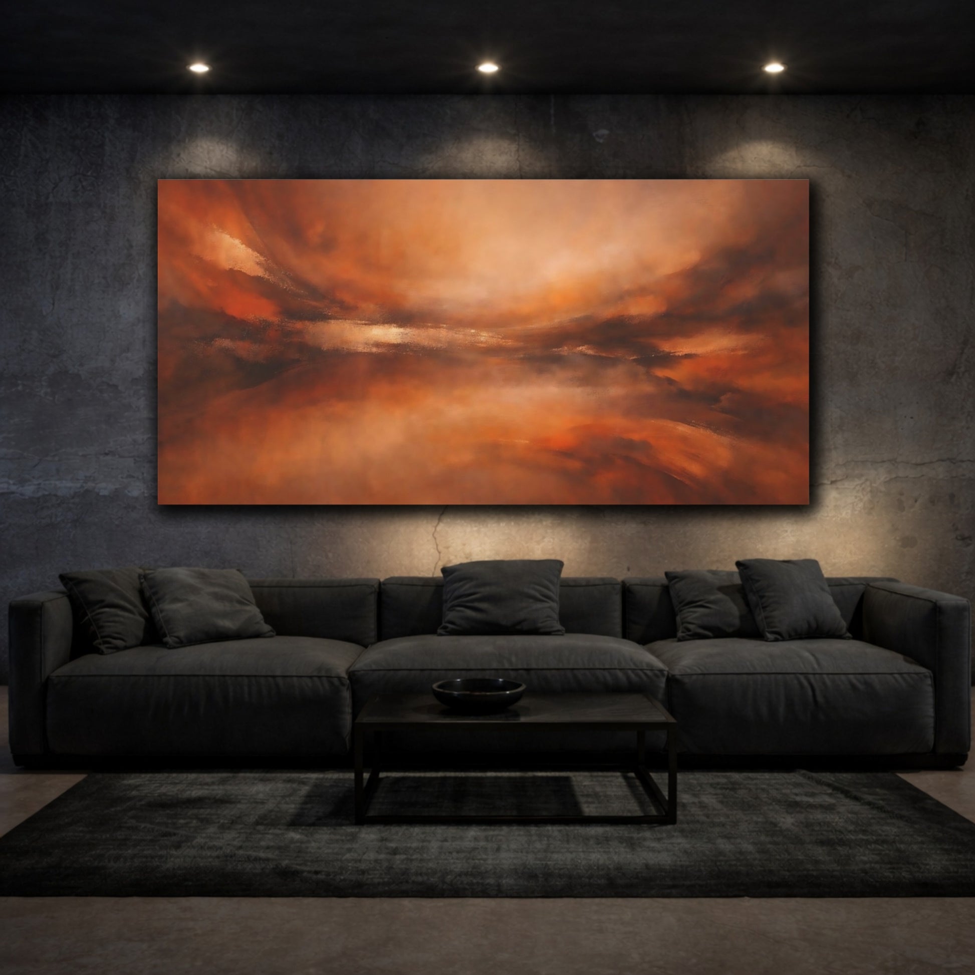 Mockup 2. Abstract Abstract Landscape Orange And Brown shown as stretched canvas wall art