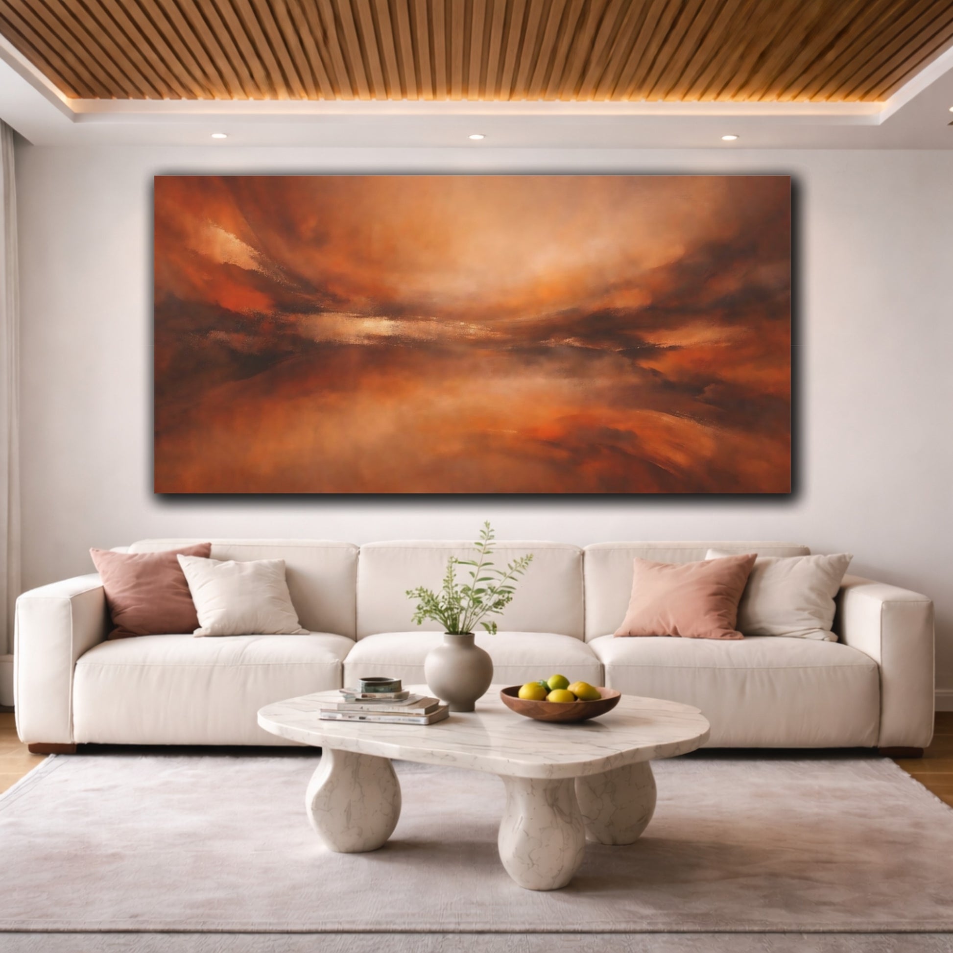 Mockup 3. Abstract Abstract Landscape Orange And Brown shown as stretched canvas wall art
