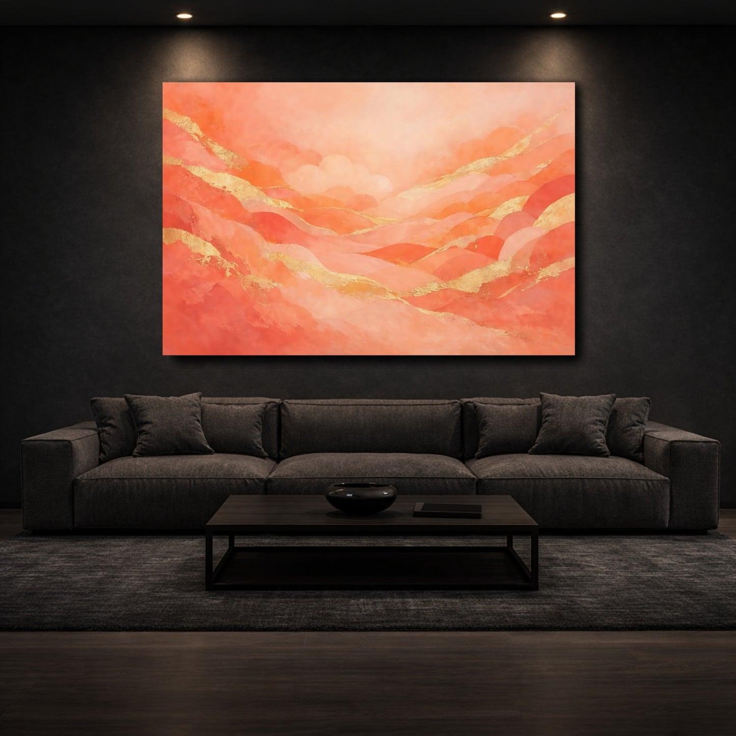 Mockup 2. Abstract Abstract Landscape Peach Gold Landscape shown as stretched canvas wall art
