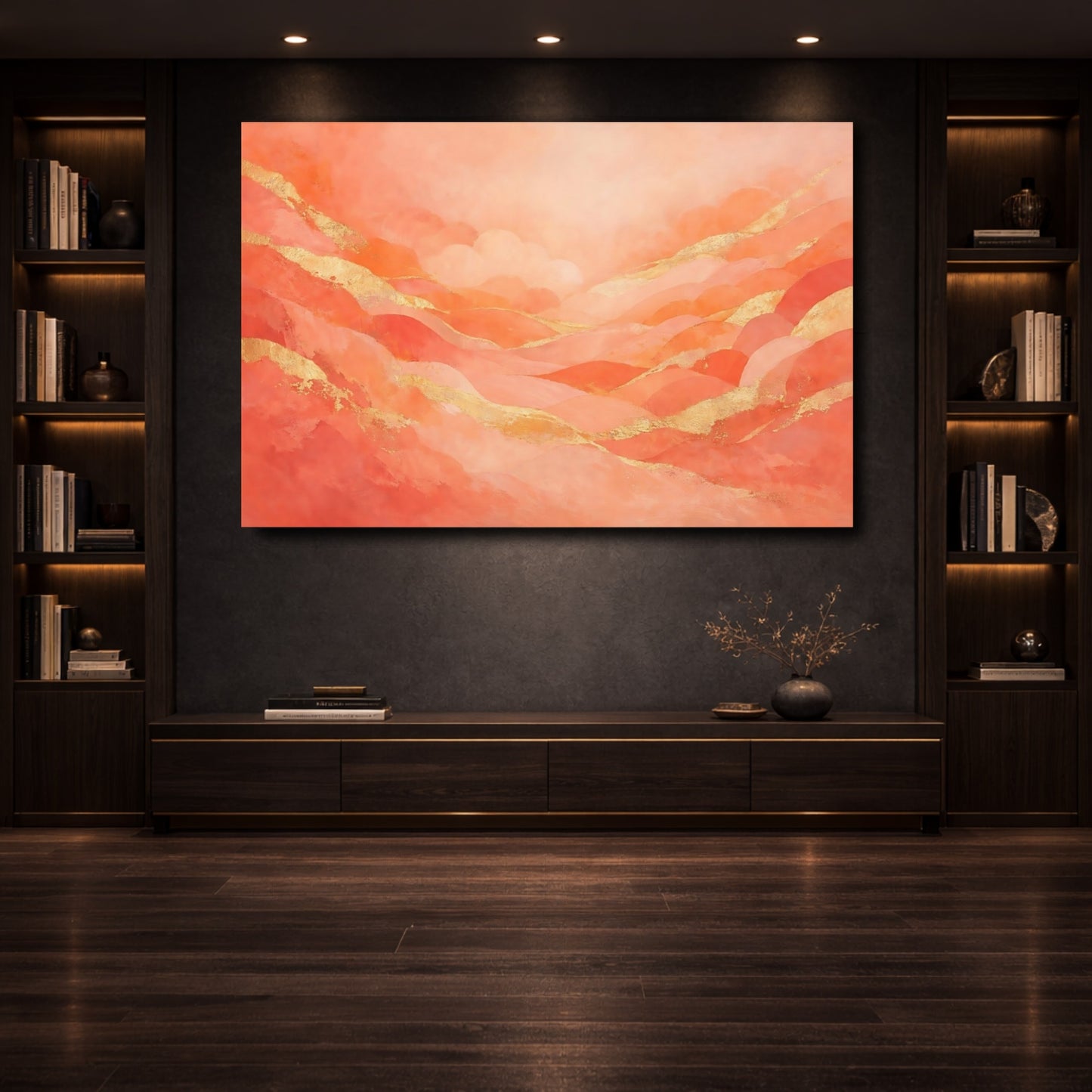 Mockup 3. Abstract Abstract Landscape Peach Gold Landscape shown as stretched canvas wall art