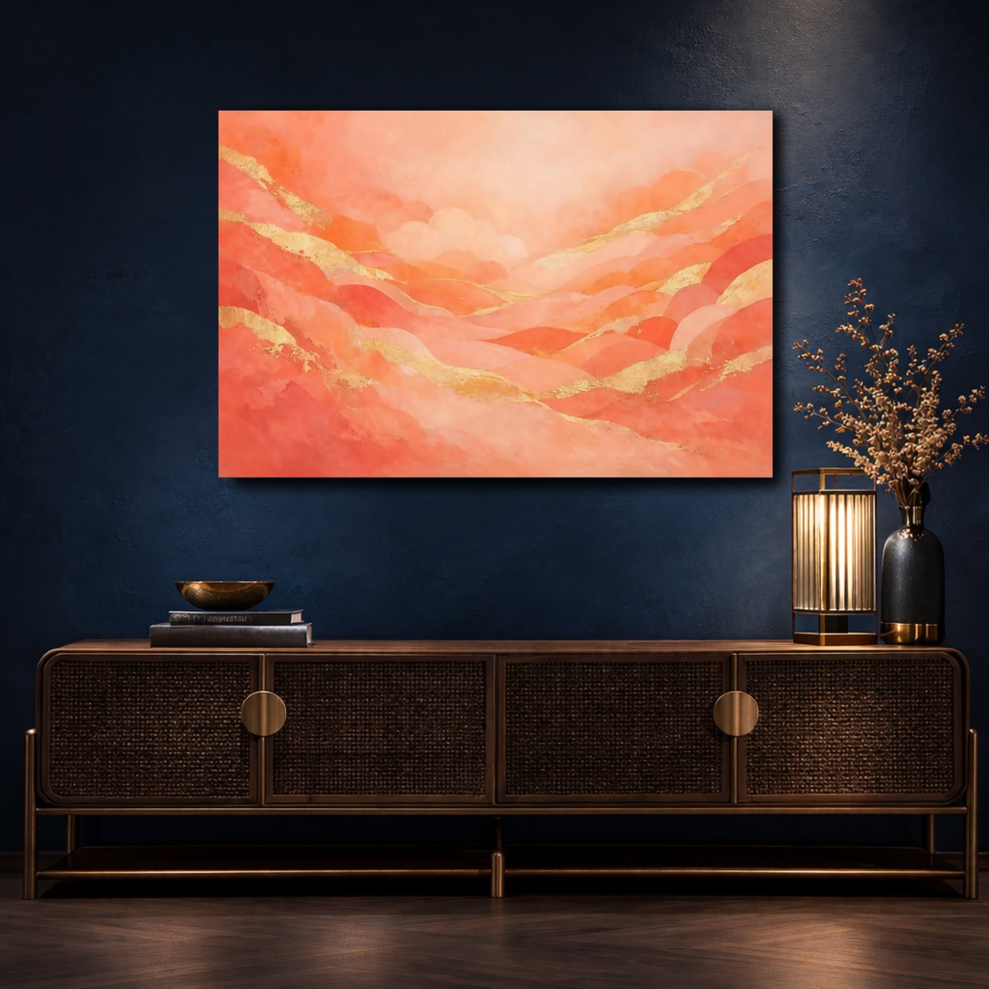 Mockup 4. Abstract Abstract Landscape Peach Gold Landscape shown as stretched canvas wall art