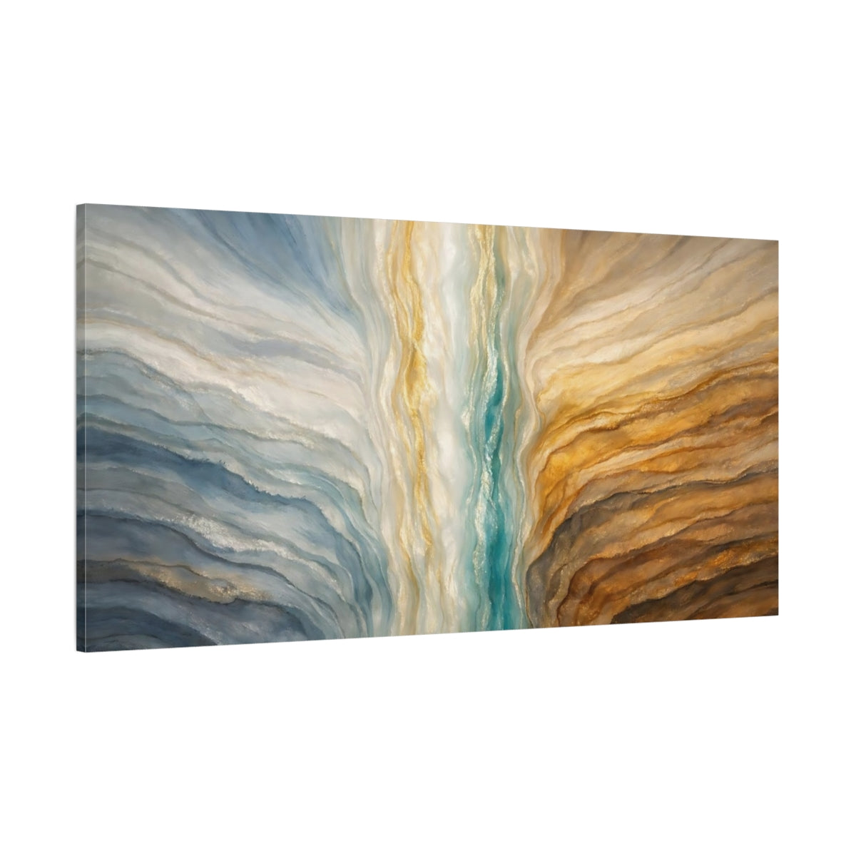 Main Mockup. Abstract Abstract Layers Blue Gold Teal shown as stretched canvas wall art