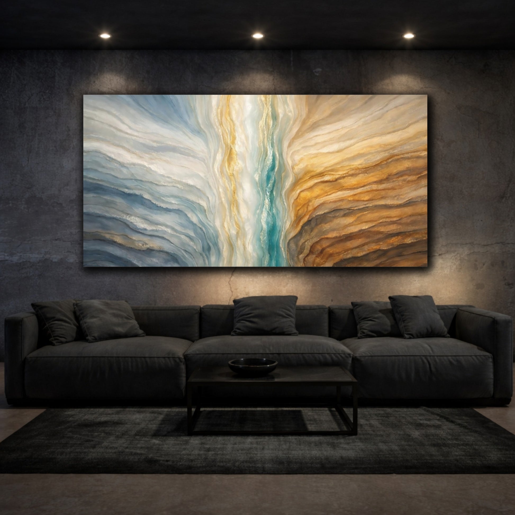 Mockup 2. Abstract Abstract Layers Blue Gold Teal shown as stretched canvas wall art
