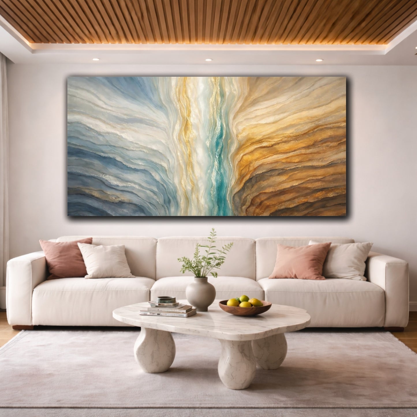 Mockup 3. Abstract Abstract Layers Blue Gold Teal shown as stretched canvas wall art