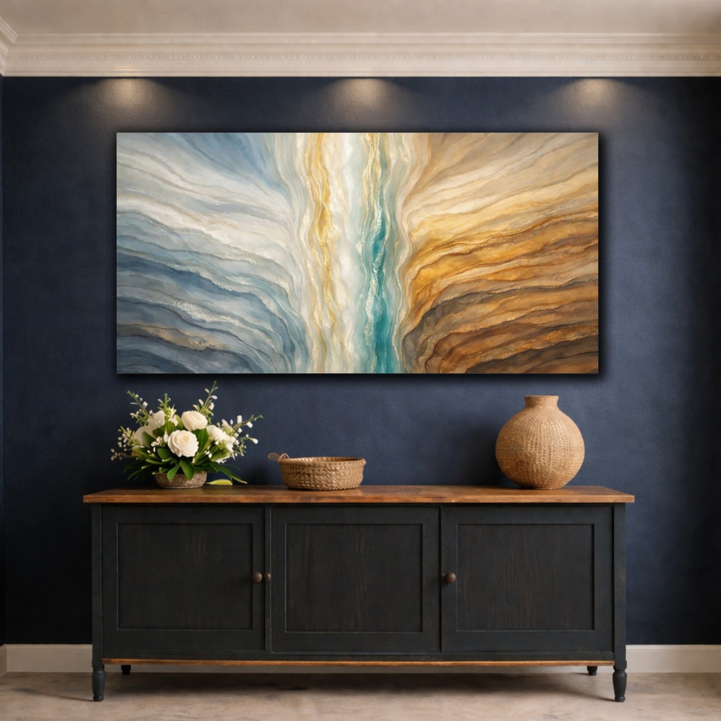 Mockup 4. Abstract Abstract Layers Blue Gold Teal shown as stretched canvas wall art