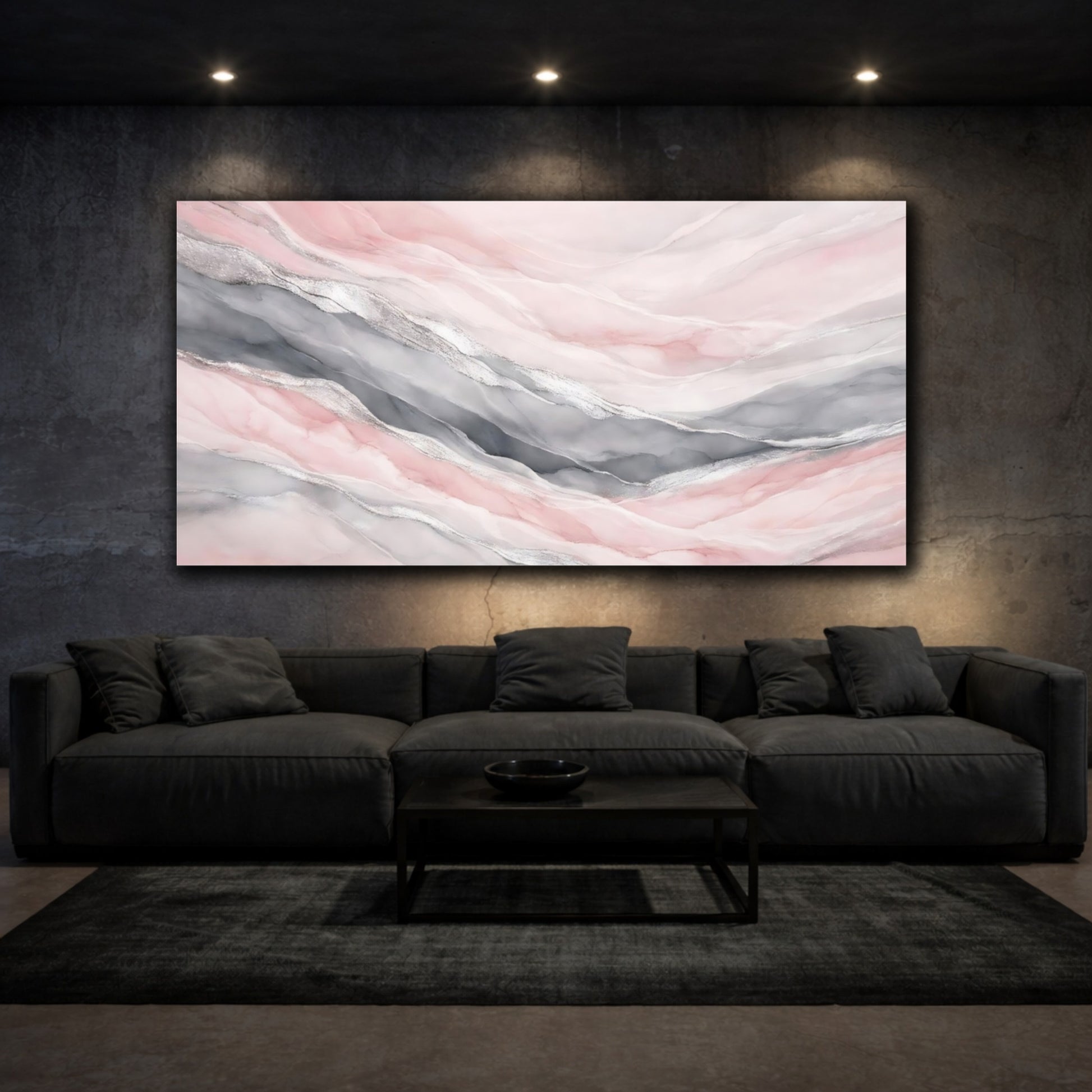 Mockup 2. Abstract Abstract Layers Pink And Grey shown as stretched canvas wall art