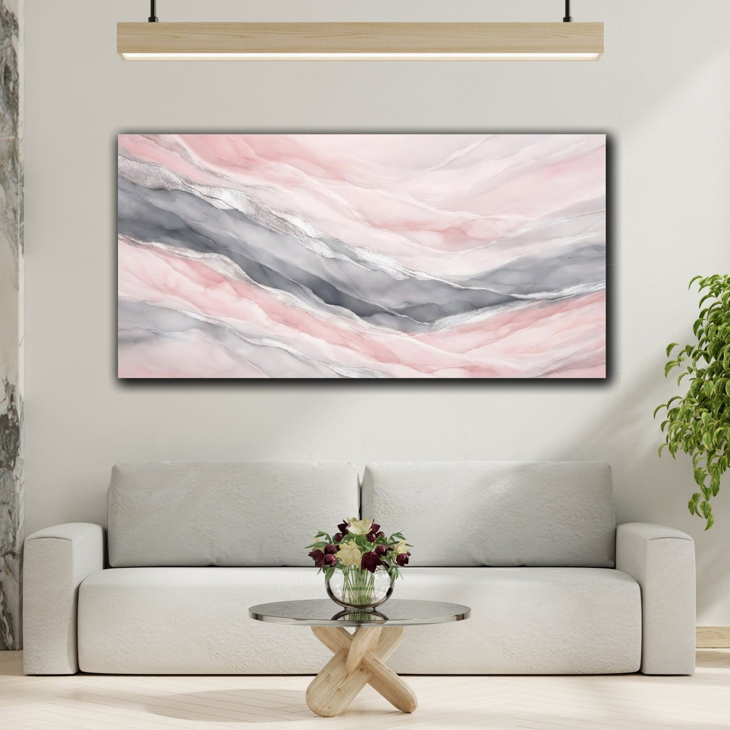 Mockup 3. Abstract Abstract Layers Pink And Grey shown as stretched canvas wall art