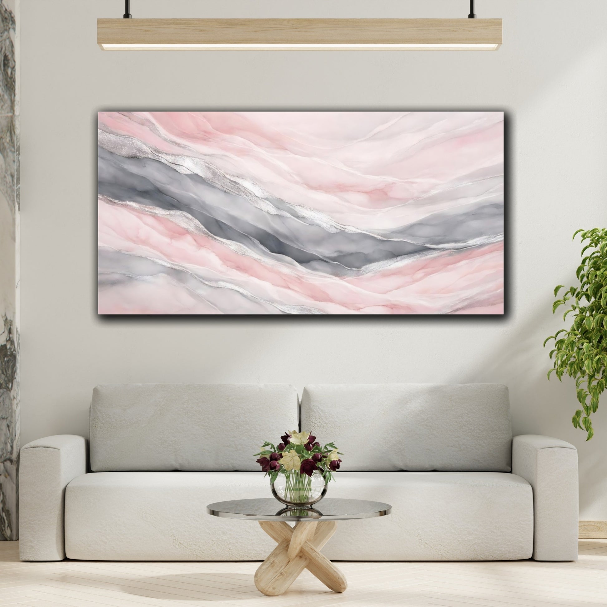 Mockup 3. Abstract Abstract Layers Pink And Grey shown as stretched canvas wall art