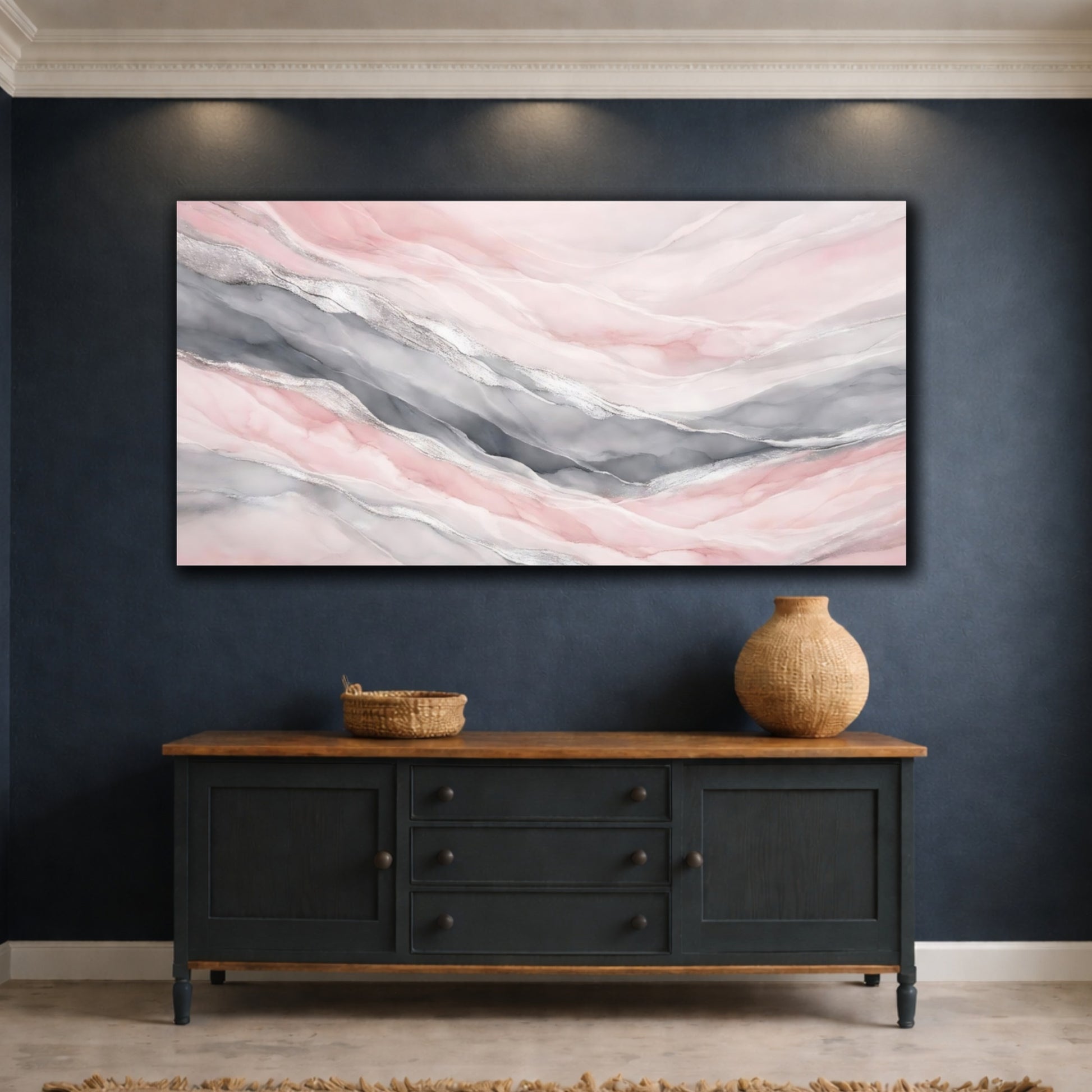 Mockup 4. Abstract Abstract Layers Pink And Grey shown as stretched canvas wall art