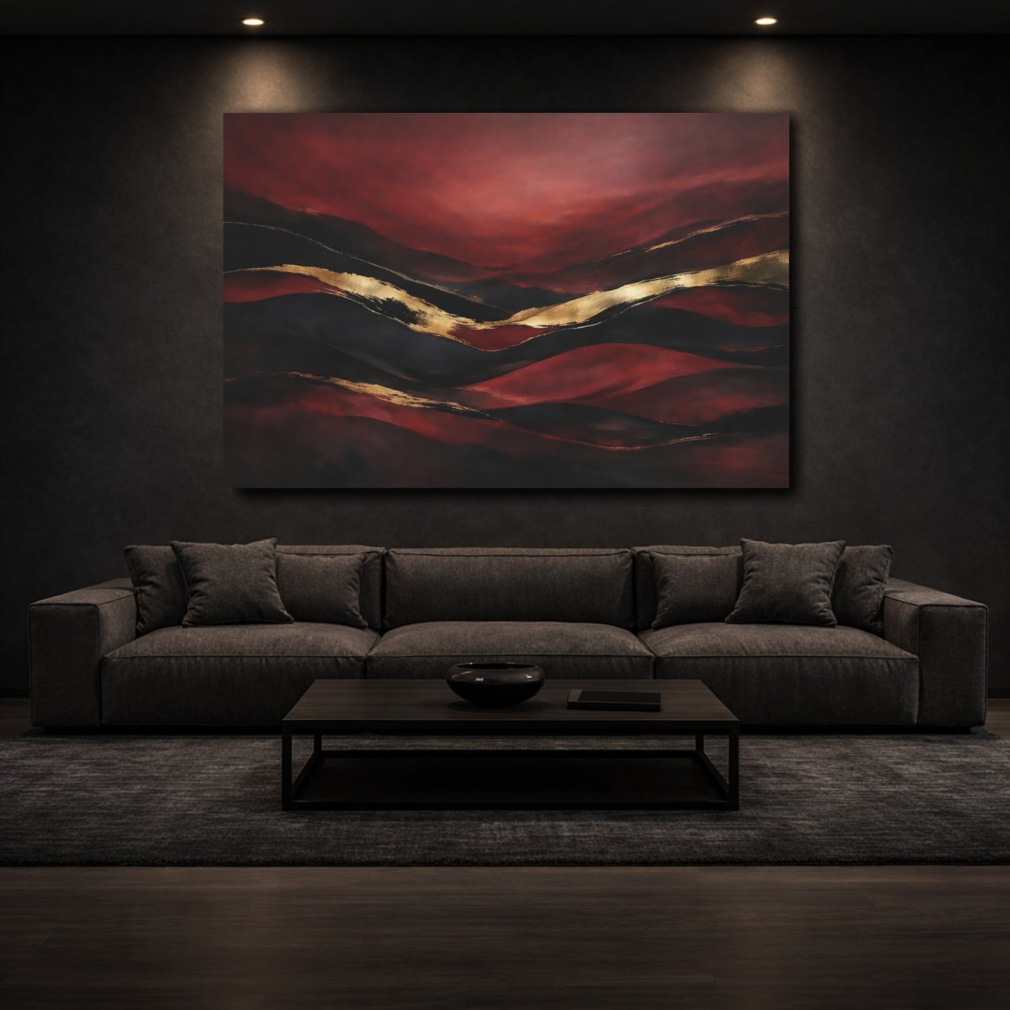 Mockup 2. Abstract Abstract Layers Red Black Gold Abstract shown as stretched canvas wall art