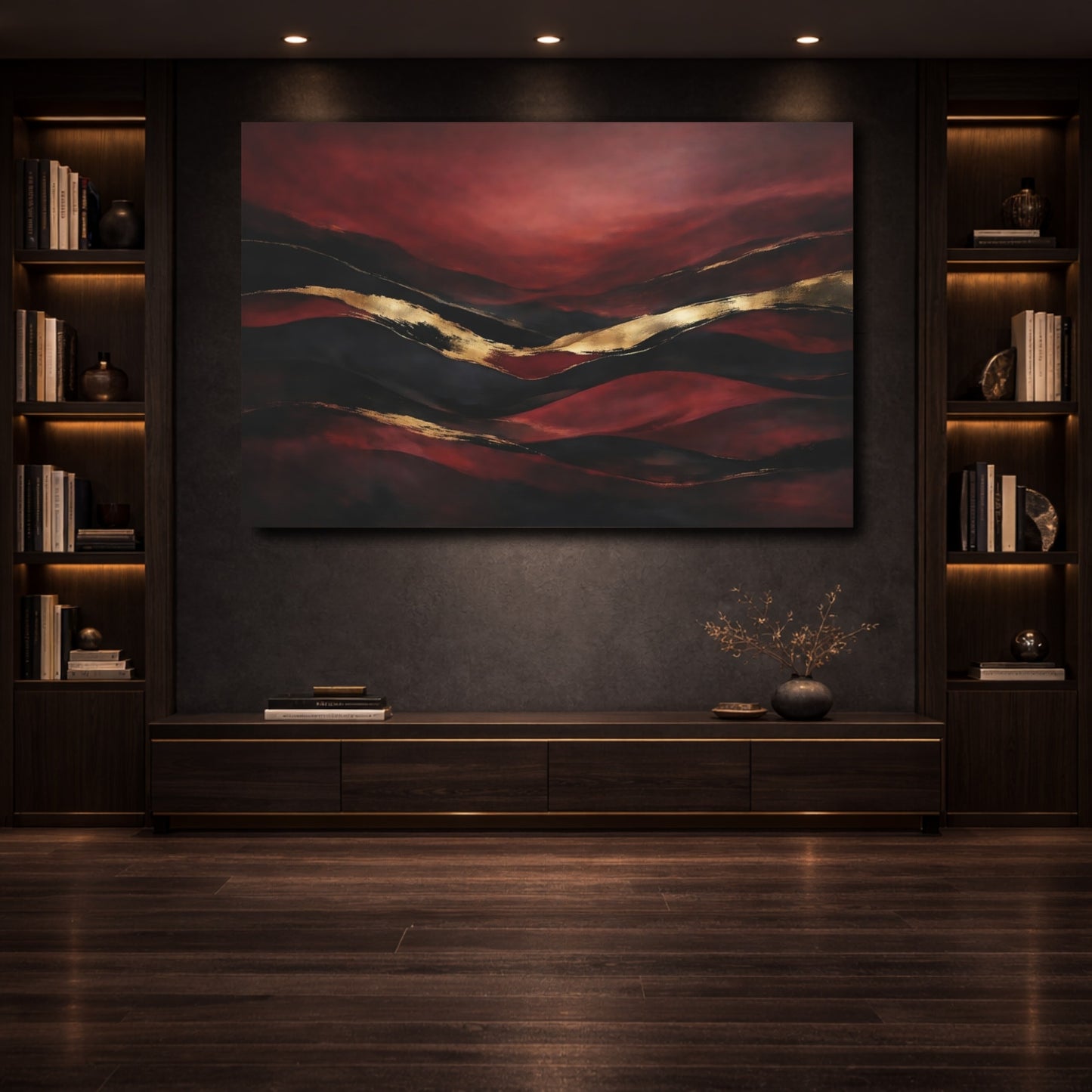 Mockup 3. Abstract Abstract Layers Red Black Gold Abstract shown as stretched canvas wall art
