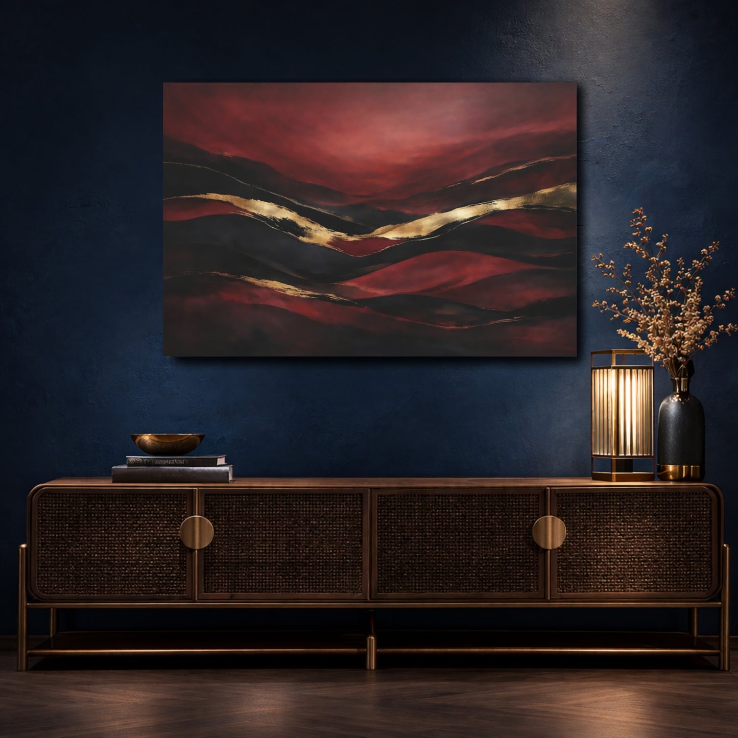 Mockup 4. Abstract Abstract Layers Red Black Gold Abstract shown as stretched canvas wall art