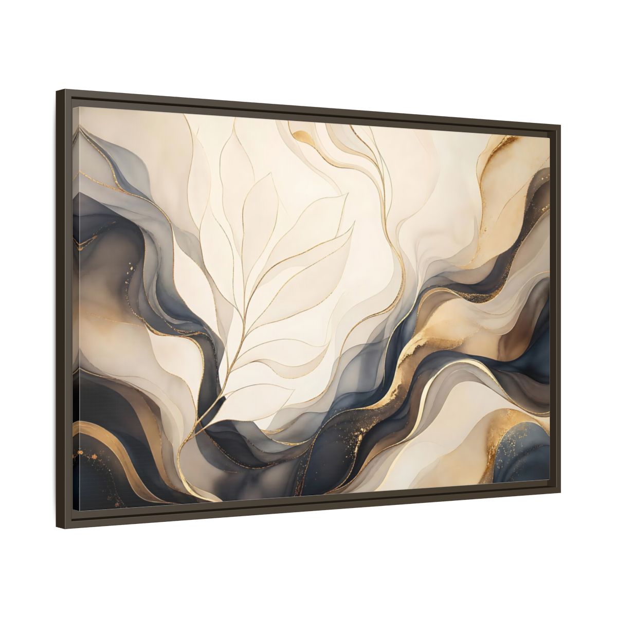 Main Mockup. Abstract Abstract Leaves Gold And Gray shown as framed canvas print