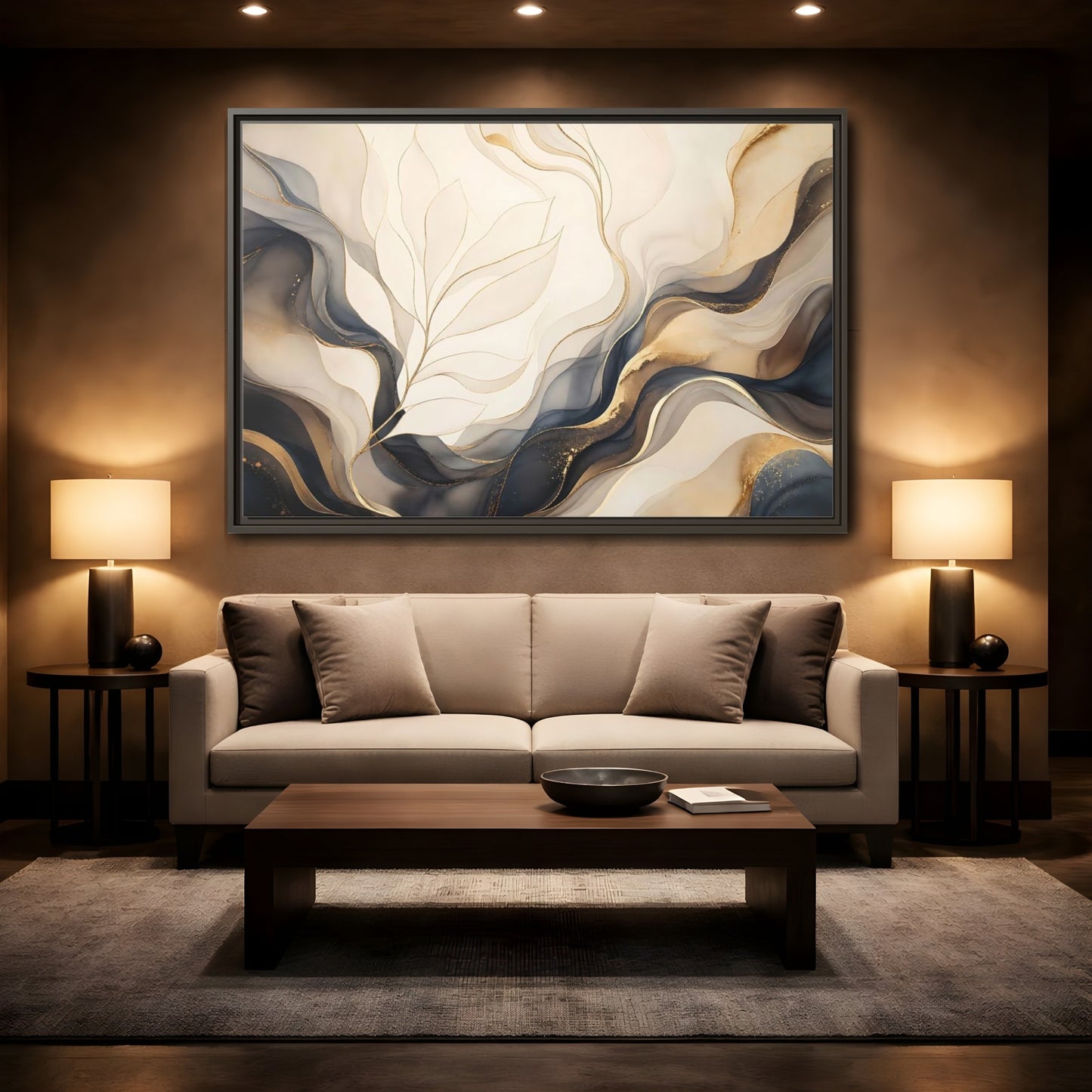 Mockup 2. Abstract Abstract Leaves Gold And Gray shown as framed canvas print