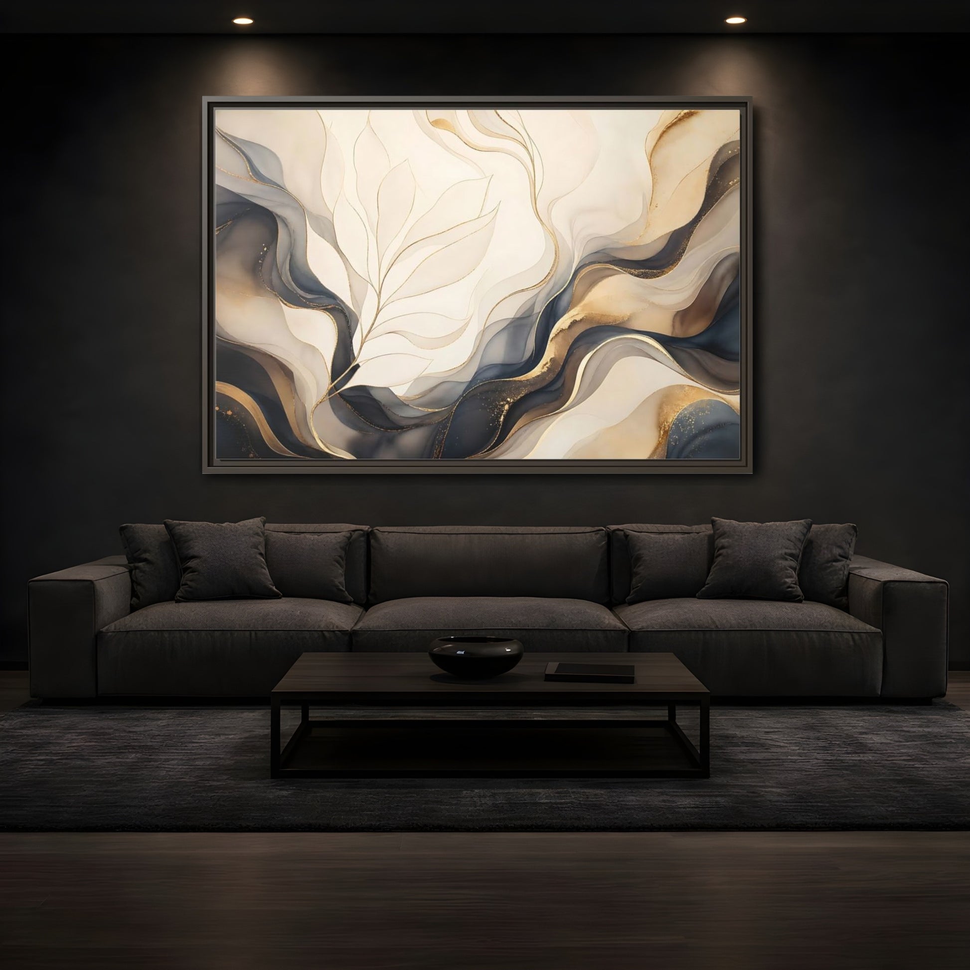 Mockup 3. Abstract Abstract Leaves Gold And Gray shown as framed canvas print