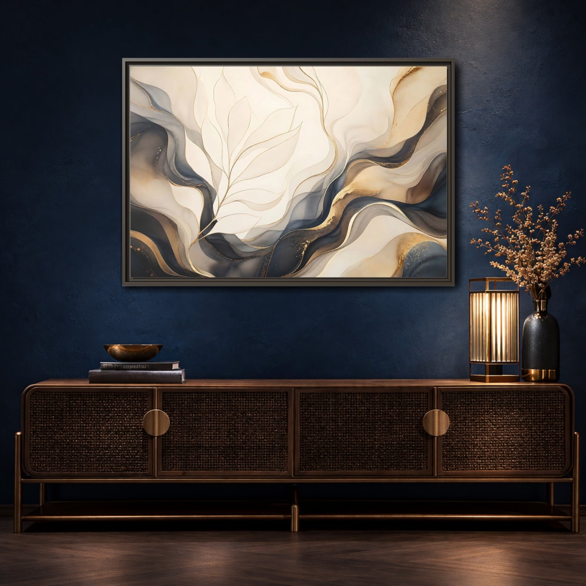 Mockup 4. Abstract Abstract Leaves Gold And Gray shown as framed canvas print
