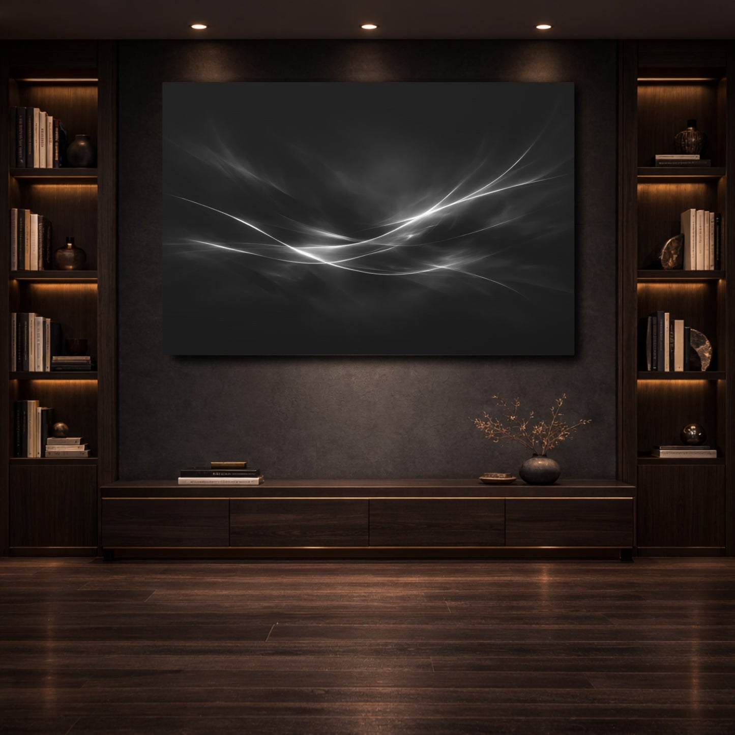 Mockup 3. Abstract Abstract Light Black White Abstract shown as stretched canvas wall art
