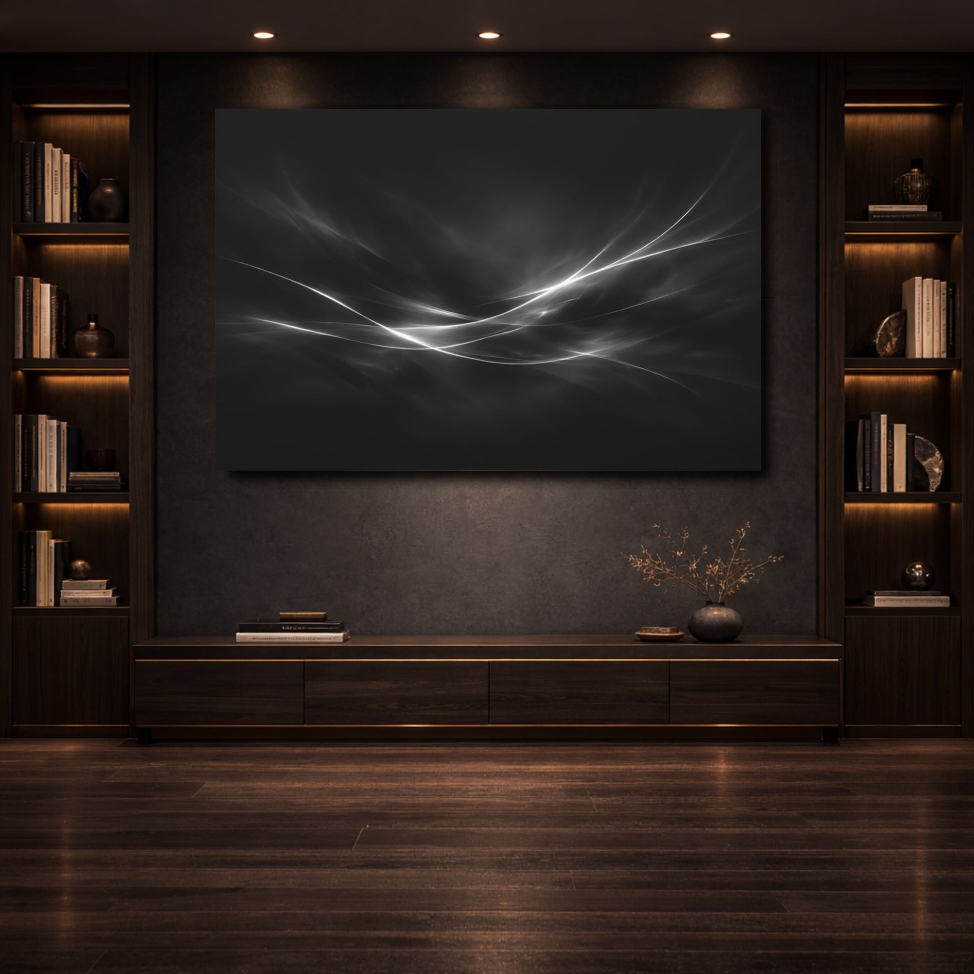 Mockup 3. Abstract Abstract Light Black White Abstract shown as stretched canvas wall art