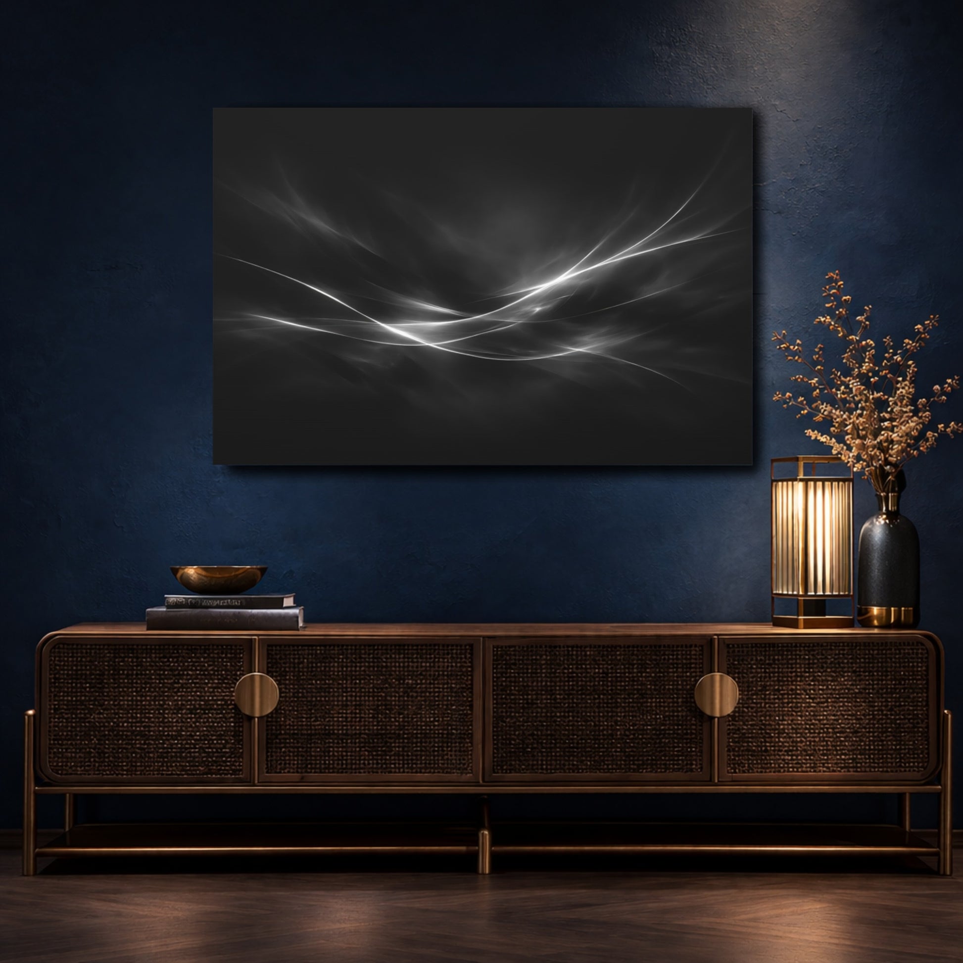 Mockup 4. Abstract Abstract Light Black White Abstract shown as stretched canvas wall art