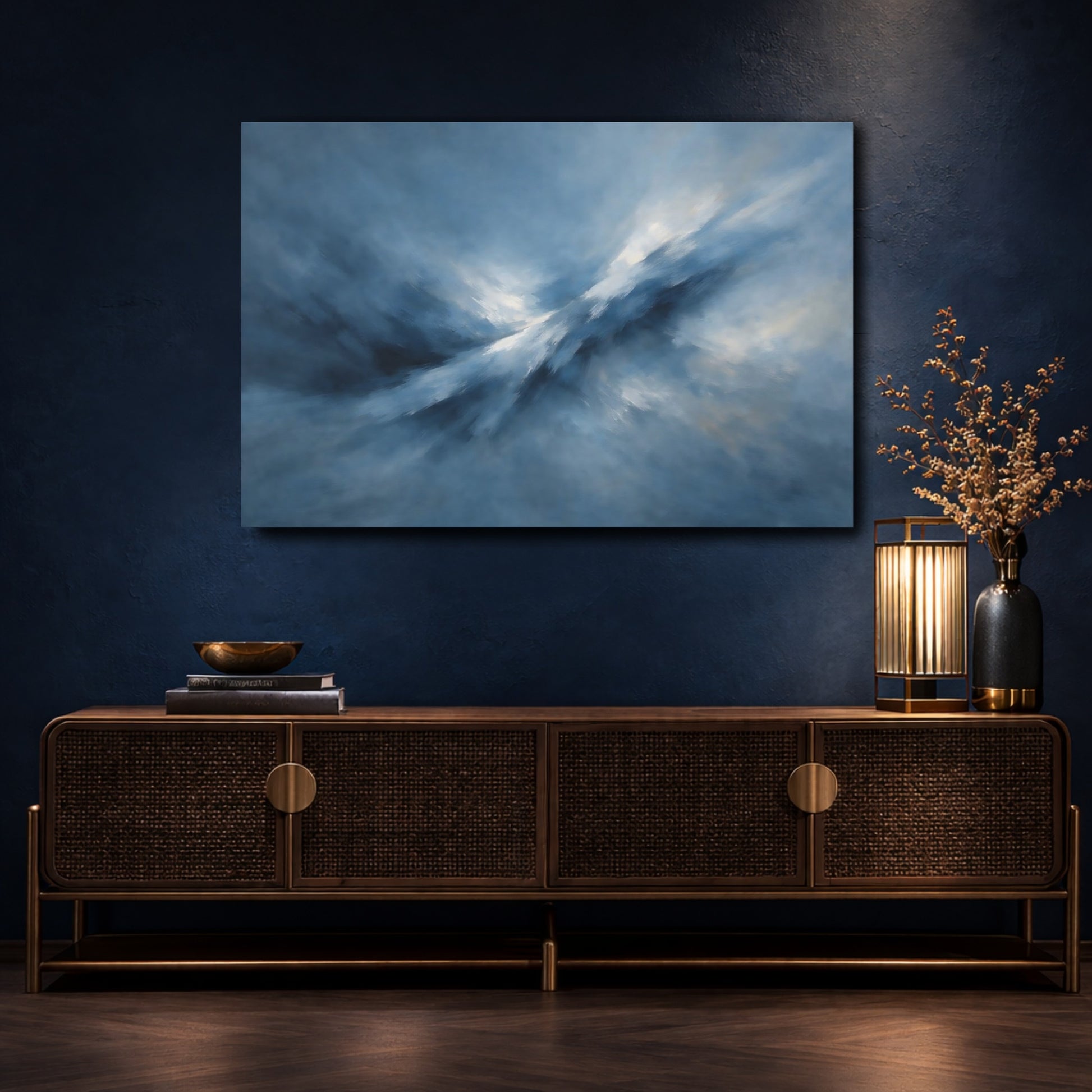 Mockup 4. Abstract Abstract Light Blue Abstract Light shown as stretched canvas wall art
