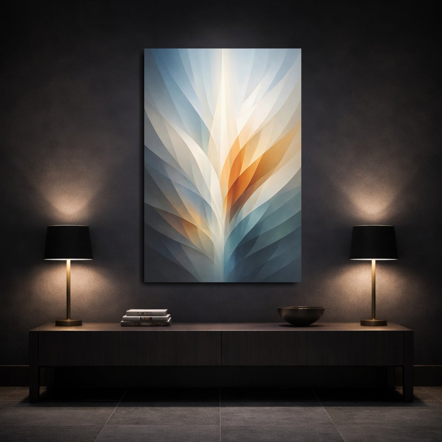 Mockup 2. Abstract Abstract Light Blue Orange Grey shown as stretched canvas wall art