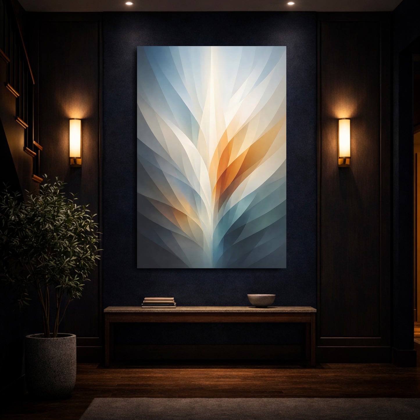 Mockup 3. Abstract Abstract Light Blue Orange Grey shown as stretched canvas wall art