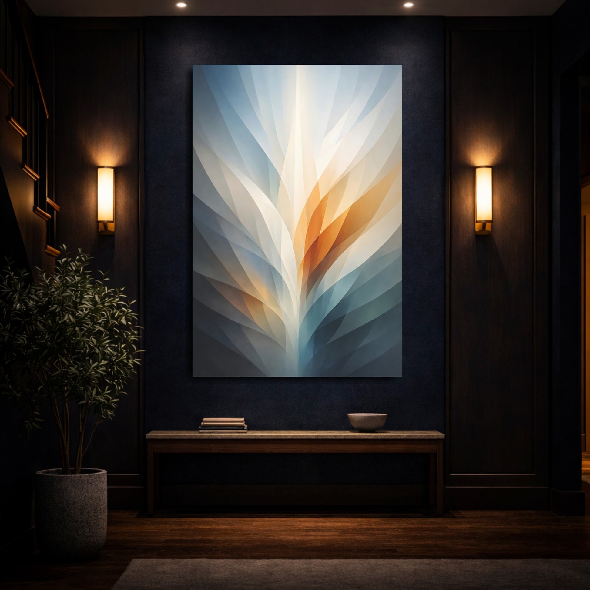 Mockup 3. Abstract Abstract Light Blue Orange Grey shown as stretched canvas wall art