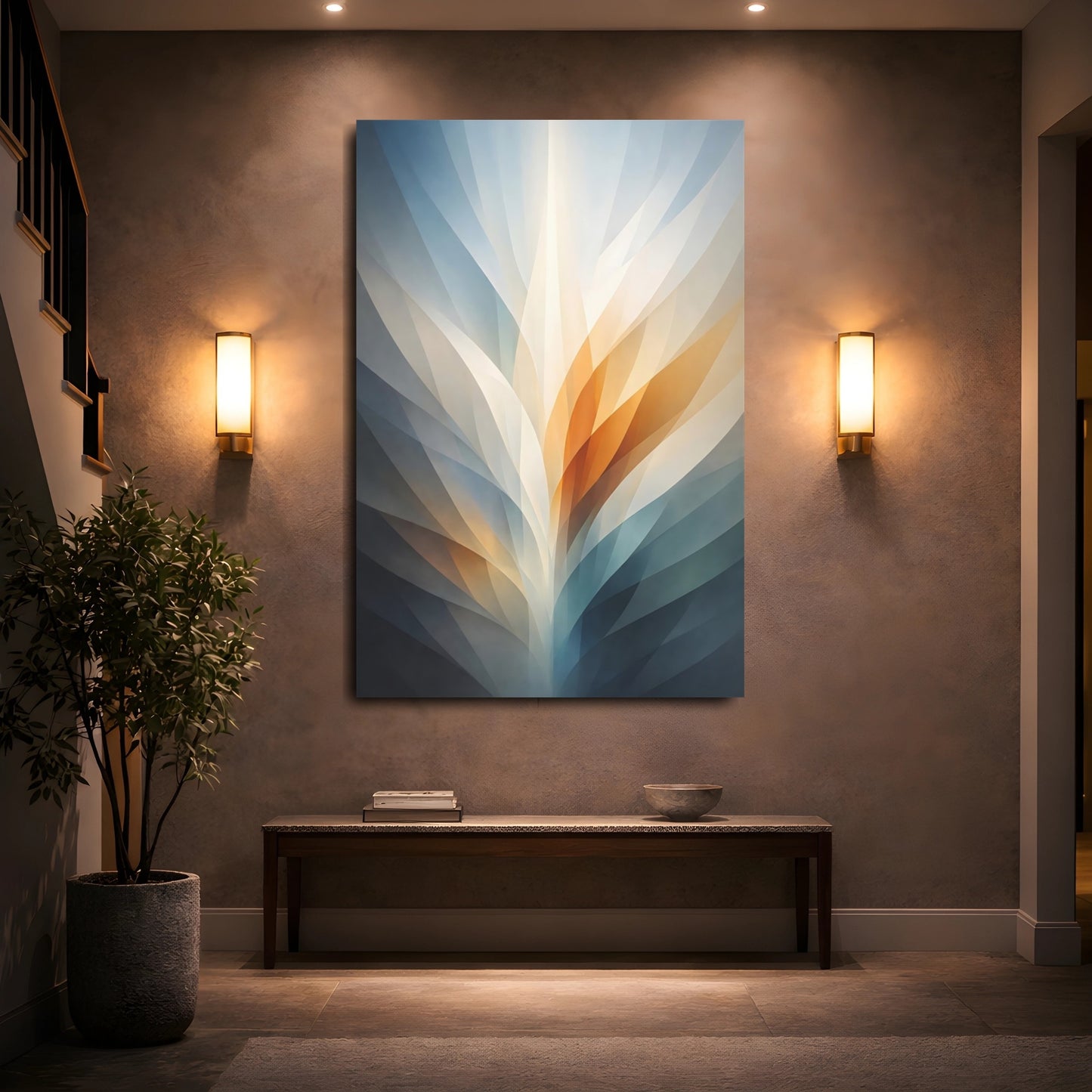 Mockup 4. Abstract Abstract Light Blue Orange Grey shown as stretched canvas wall art