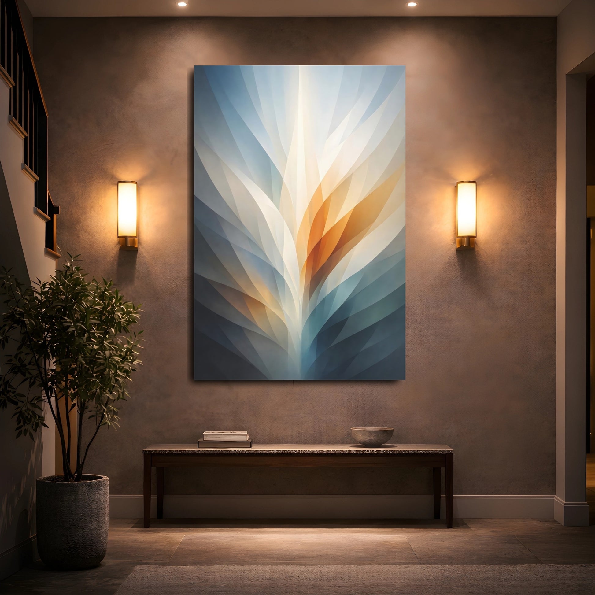 Mockup 4. Abstract Abstract Light Blue Orange Grey shown as stretched canvas wall art