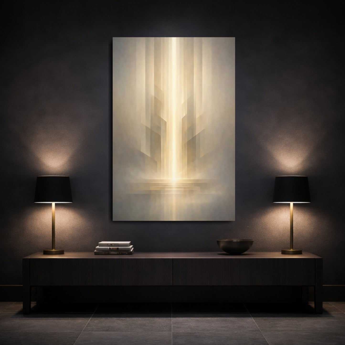 Abstract Abstract Light Gold And Gray Abstract shown as front canvas room wall art