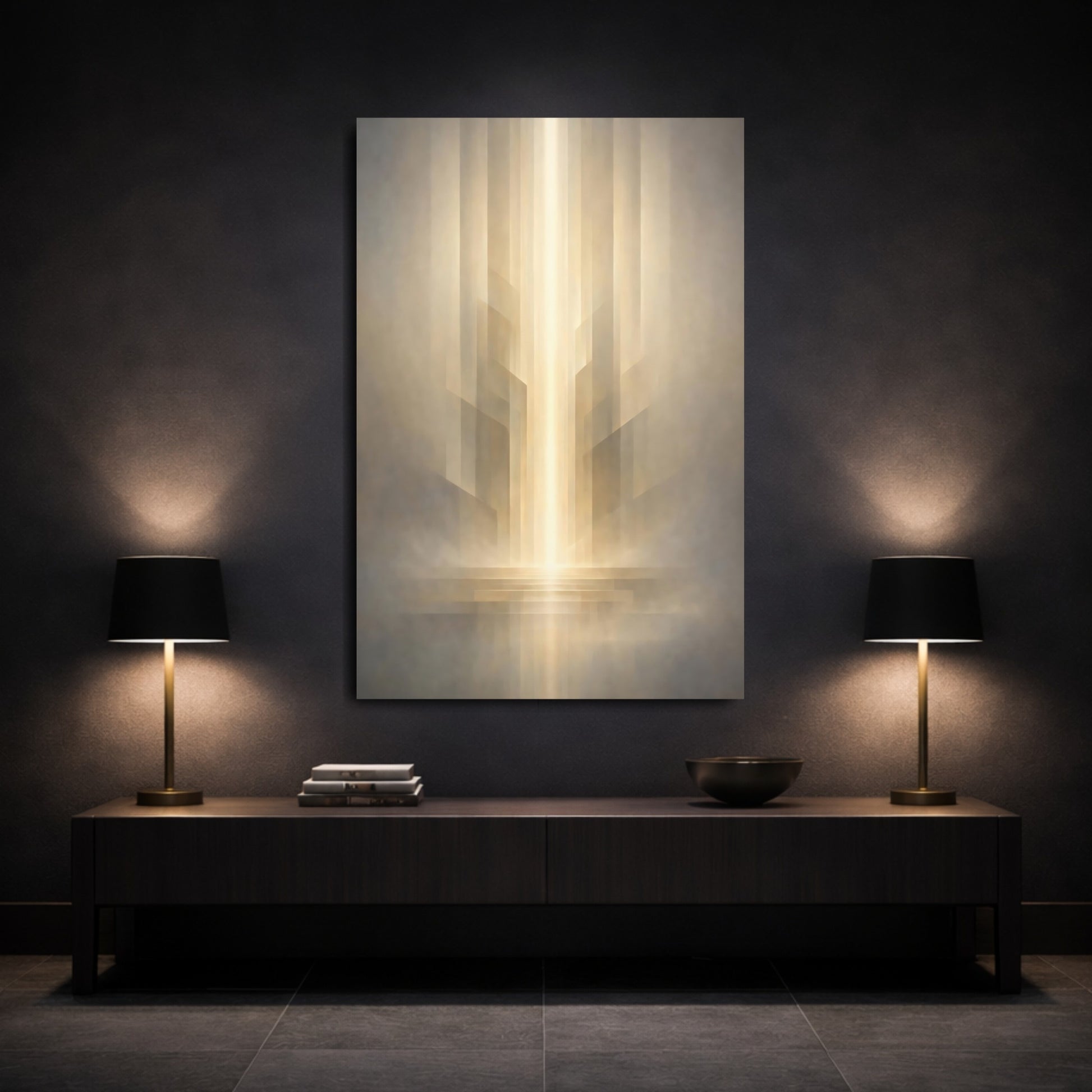 Abstract Abstract Light Gold And Gray Abstract shown as front canvas room wall art
