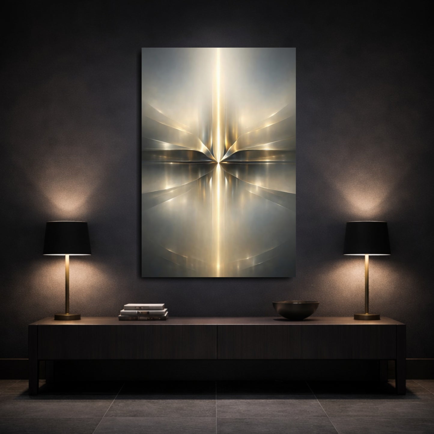 Mockup 2. Abstract Abstract Light Gold And Silver Abstract shown as stretched canvas wall art