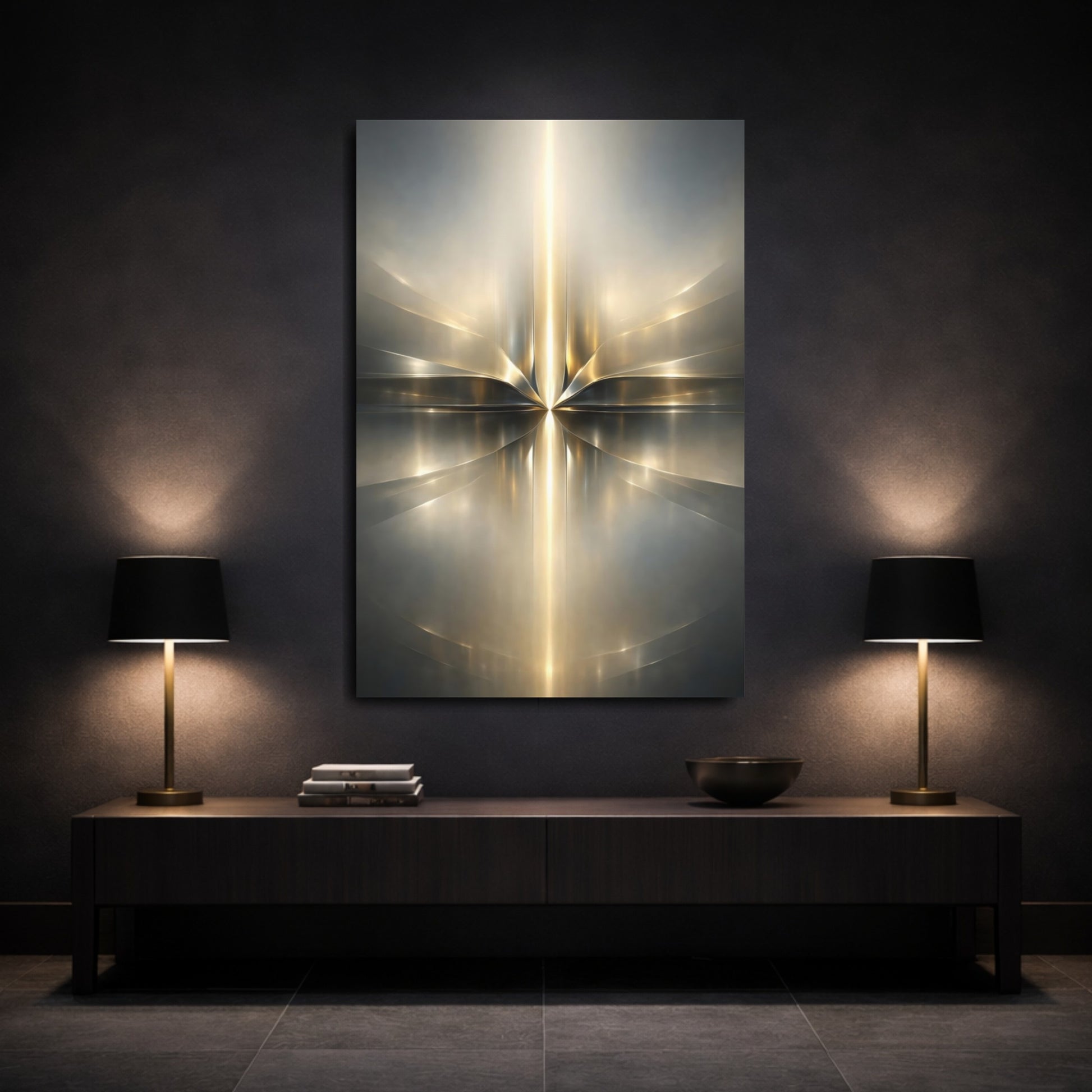 Mockup 2. Abstract Abstract Light Gold And Silver Abstract shown as stretched canvas wall art