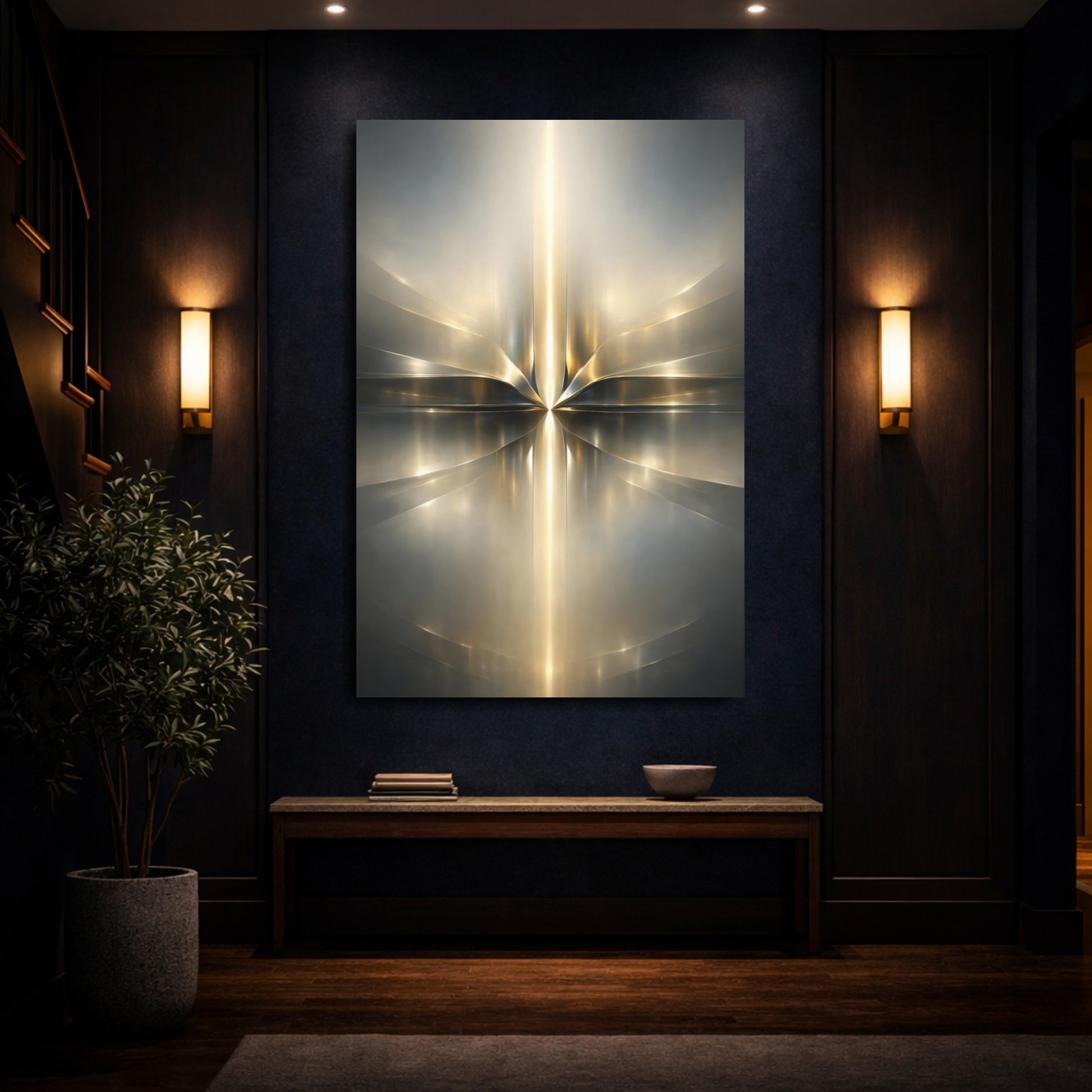 Mockup 3. Abstract Abstract Light Gold And Silver Abstract shown as stretched canvas wall art